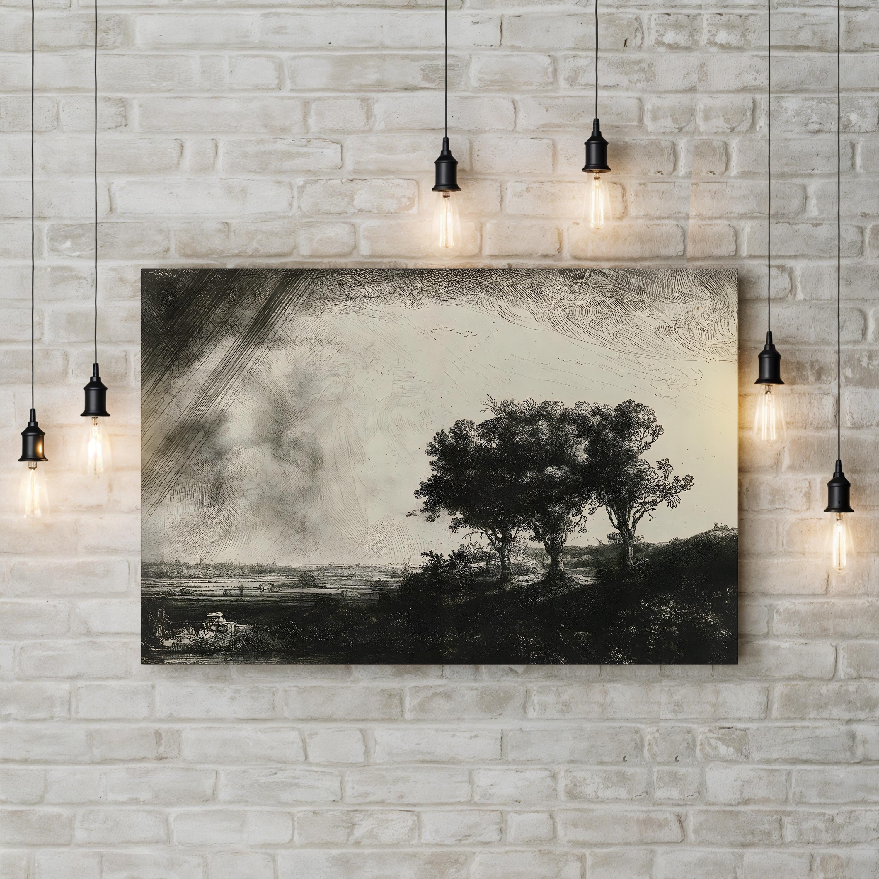 The Three Trees Wall Art – Rembrandt 1643 Black and White Landscape Print