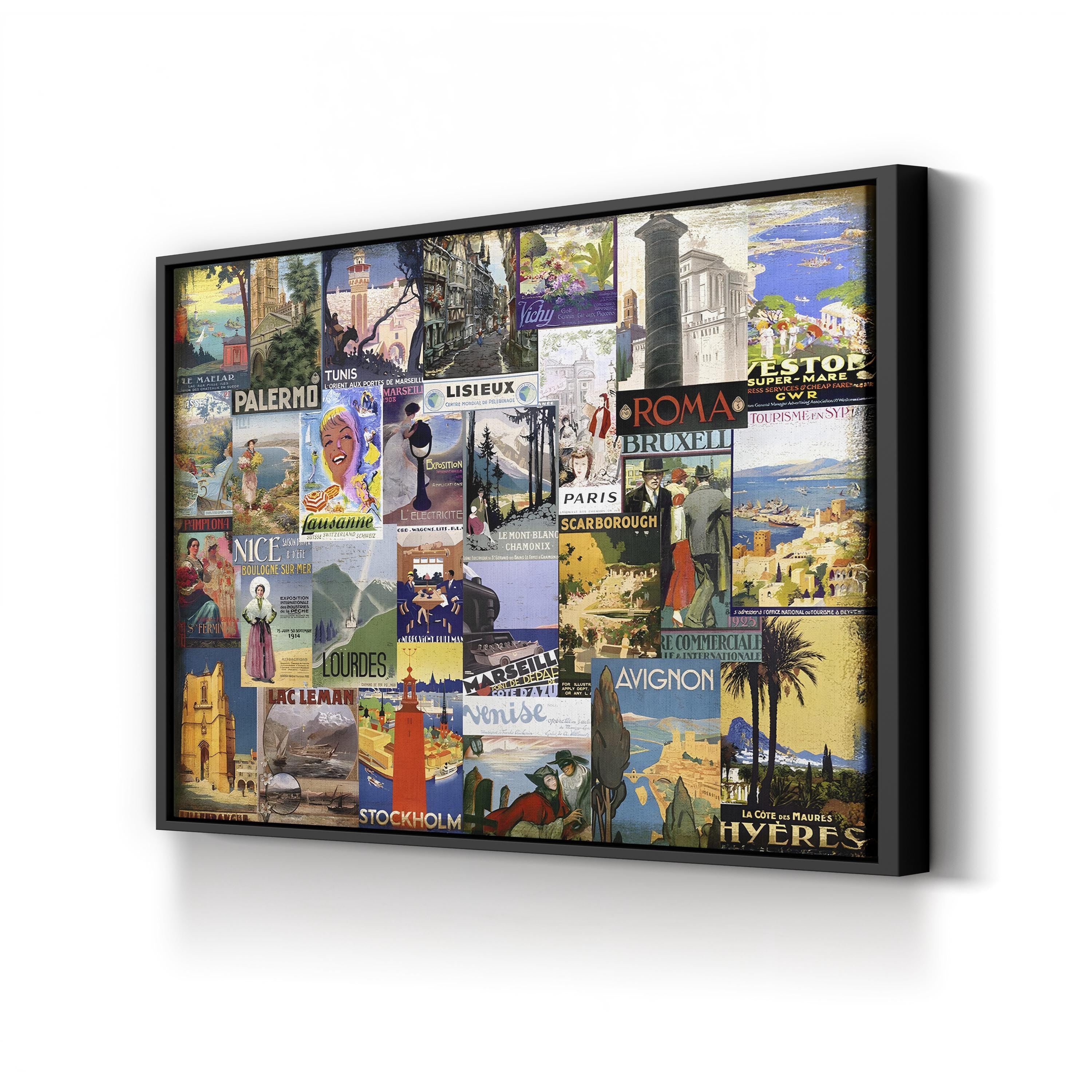 European Cities Travel Collage – Period Illustration Wall Art | Vintage Tourism Canvas Print