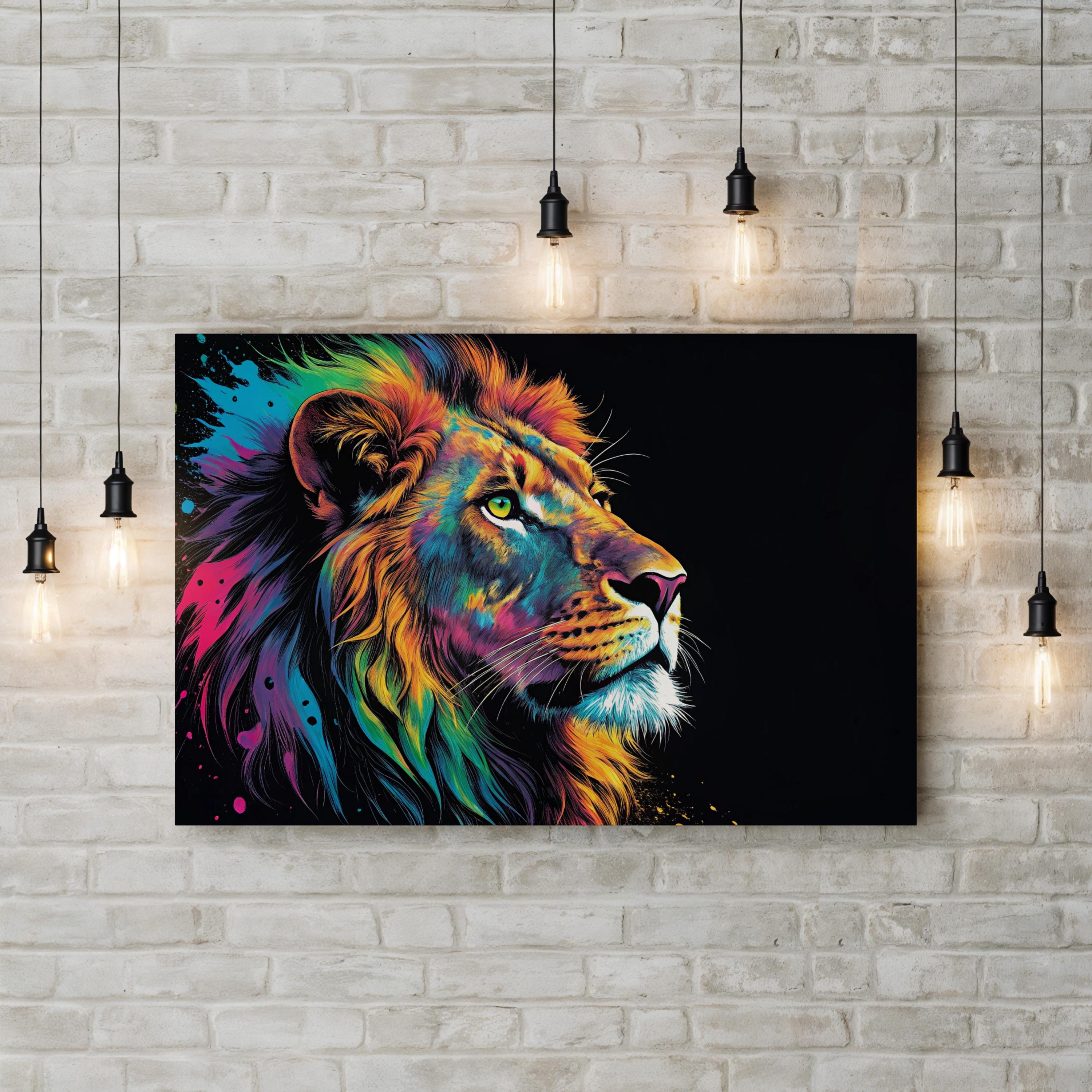 Lion Pop Art Canvas Wall Art | Contemporary Colorful Lion Portrait Print