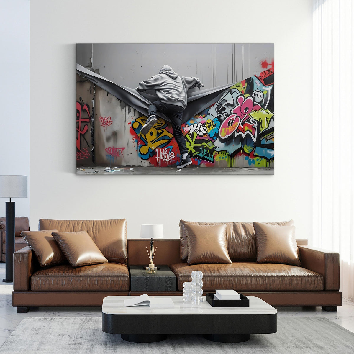 Banksy Style Graffiti Stencil Street Art canvas print in white frame displayed in a living room