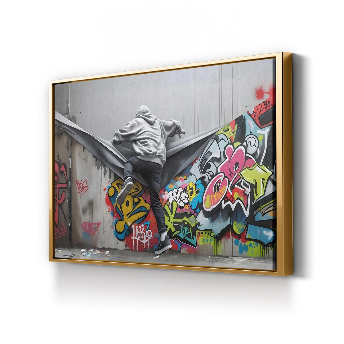 Banksy Style Graffiti Stencil Street Art canvas print in gold frame
