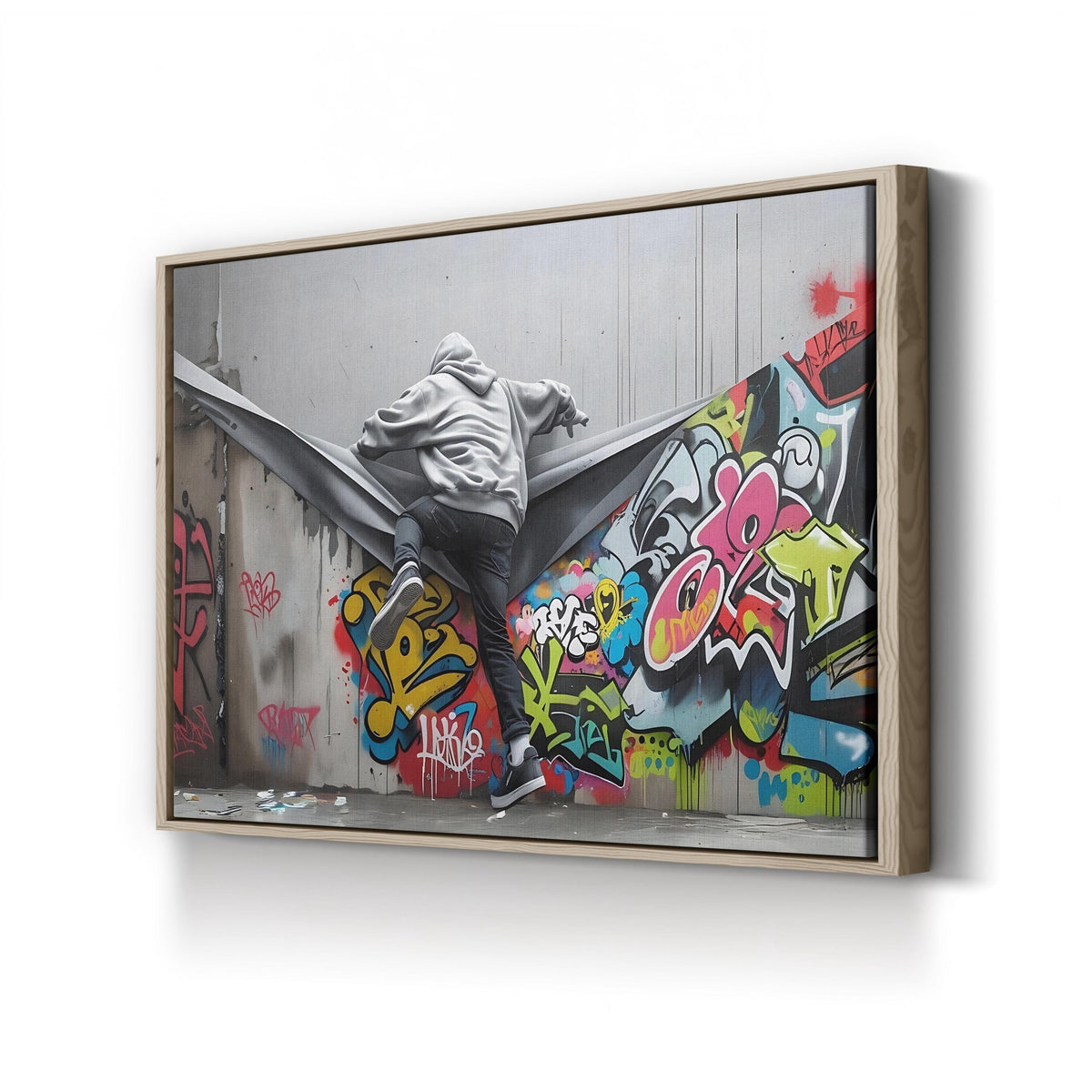 Banksy Style Graffiti Stencil Street Art canvas print in natural frame