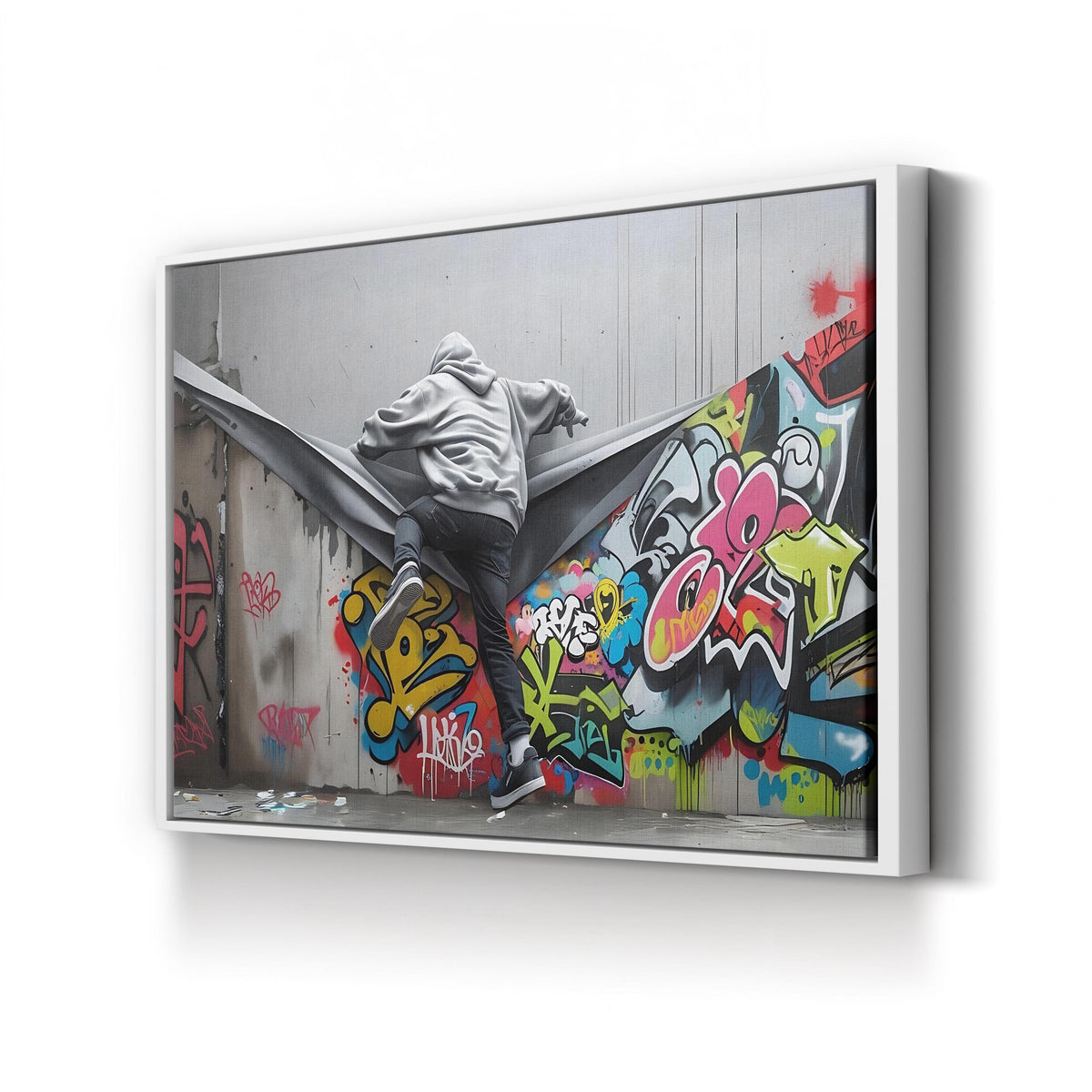 Banksy Style Graffiti Stencil Street Art canvas print in white frame
