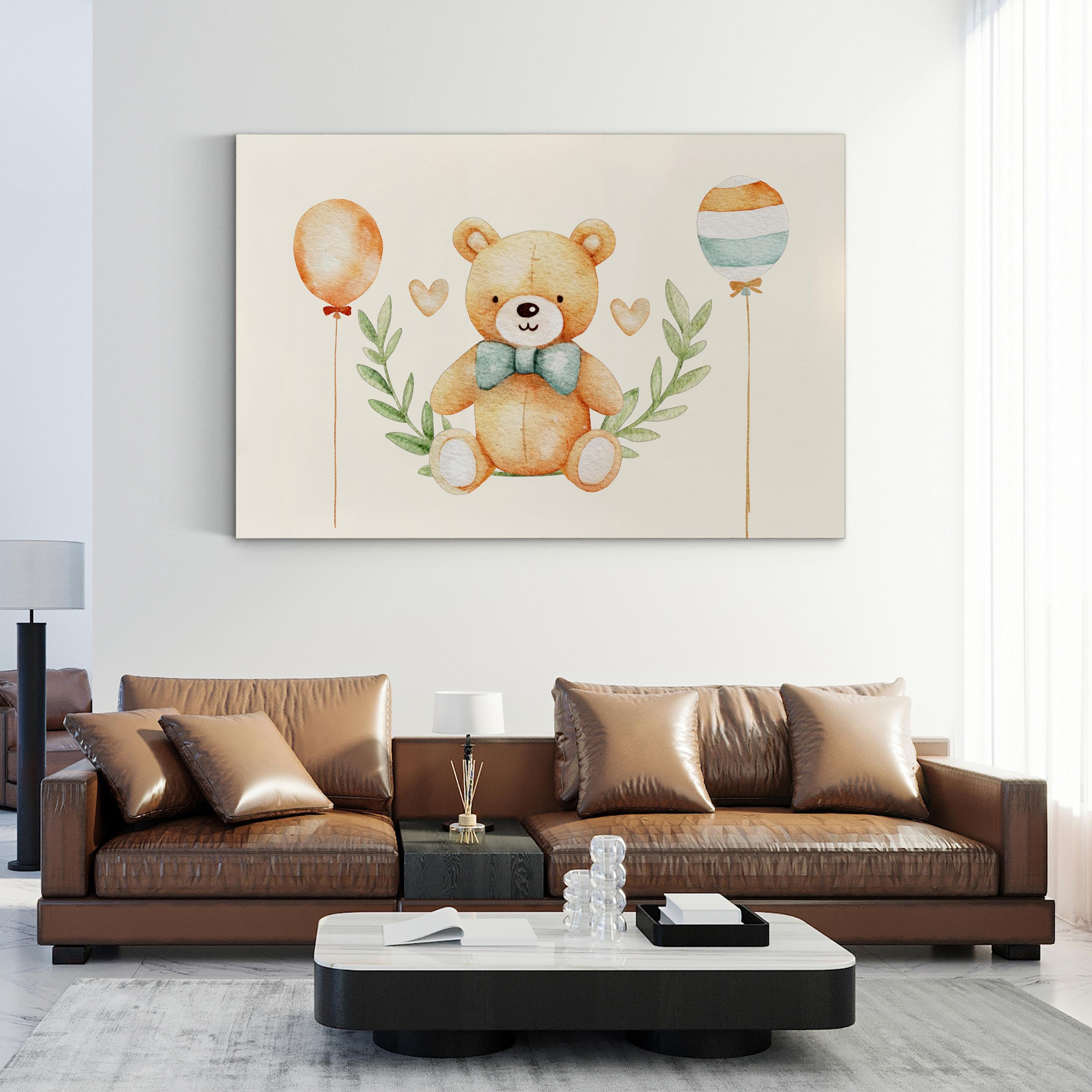 Modern living room with a brown leather sofa and a decorative painting of a teddy bear with balloons.