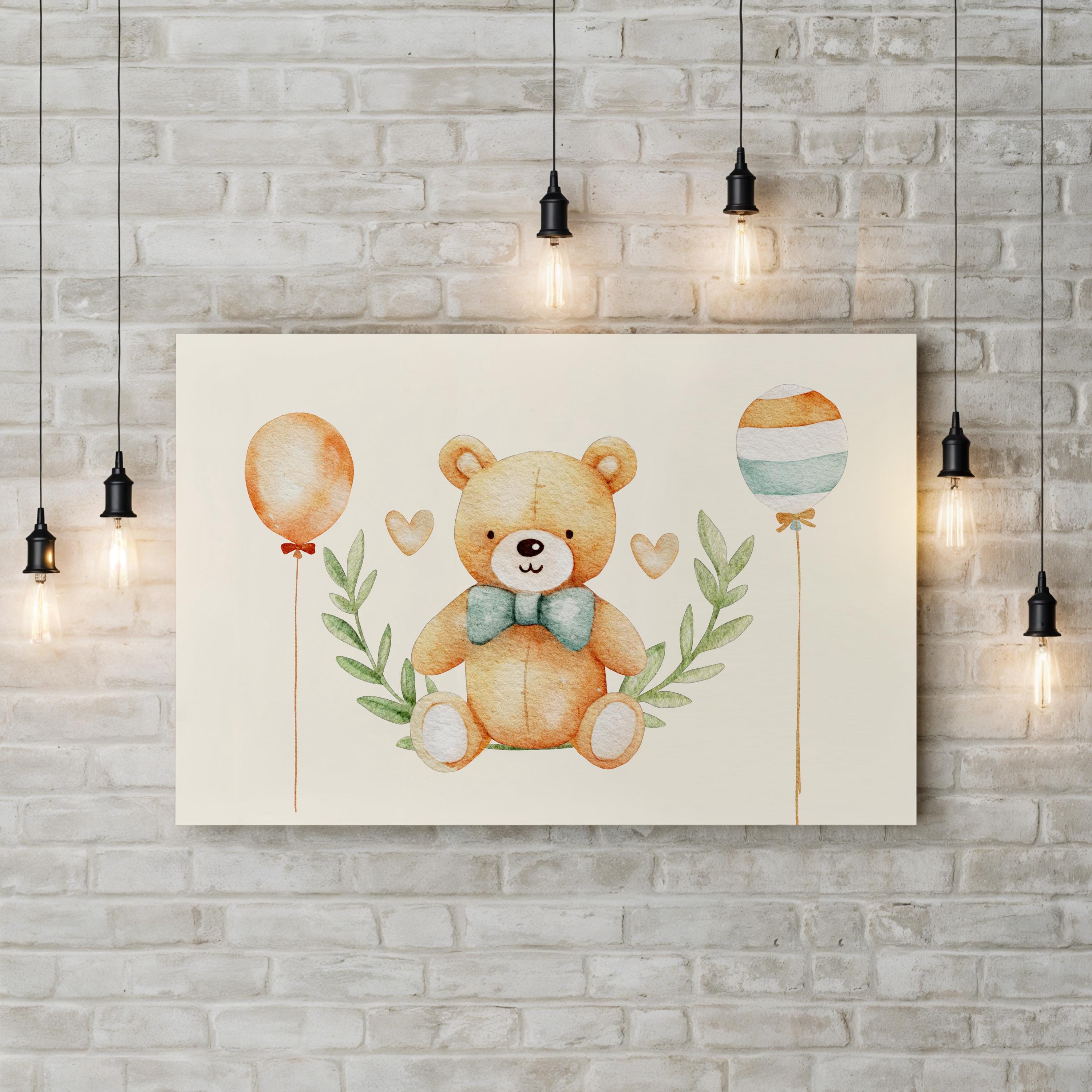 Canvas print of a teddy bear with balloons on a brick wall background