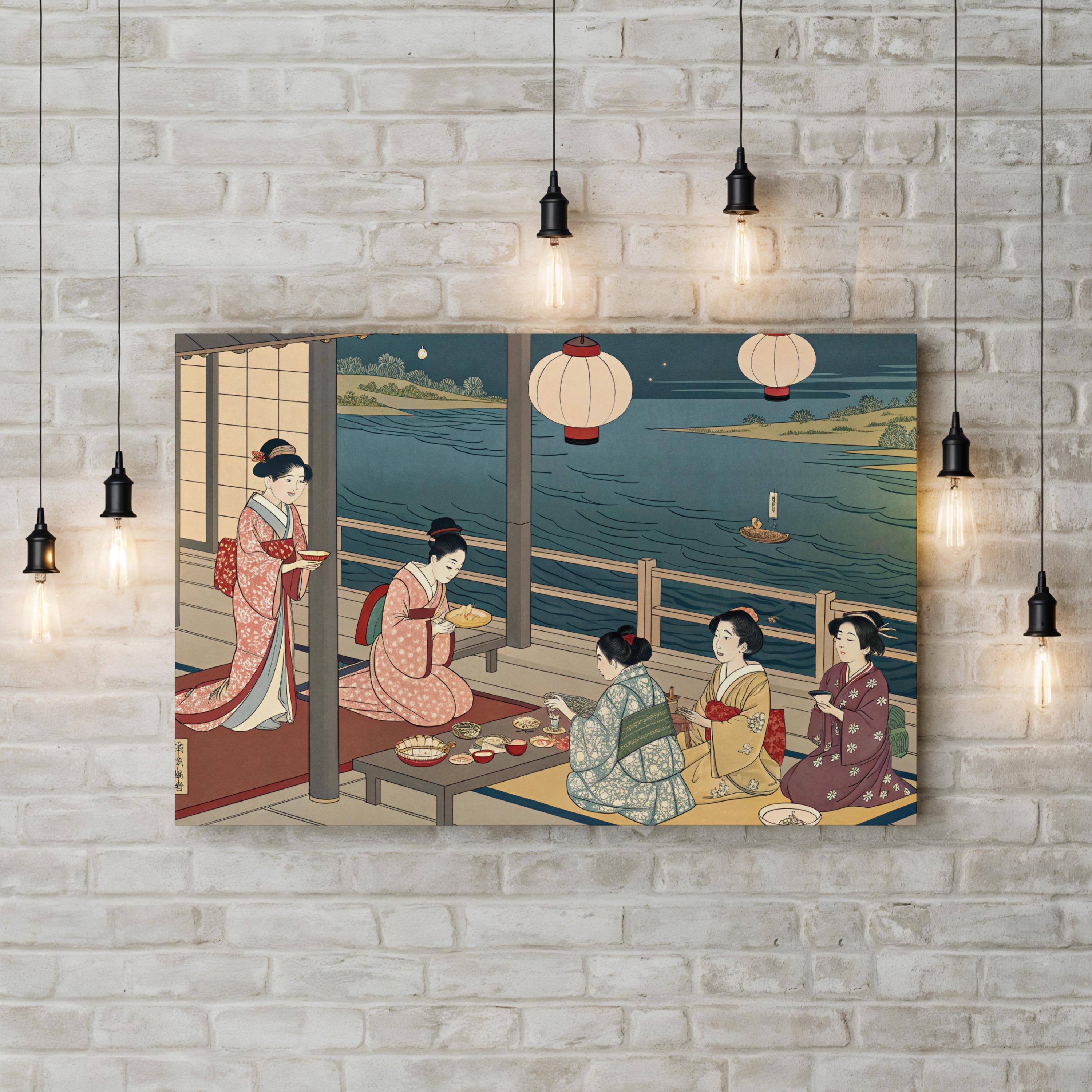 Geisha Evening Gathering by the River canvas print in white frame