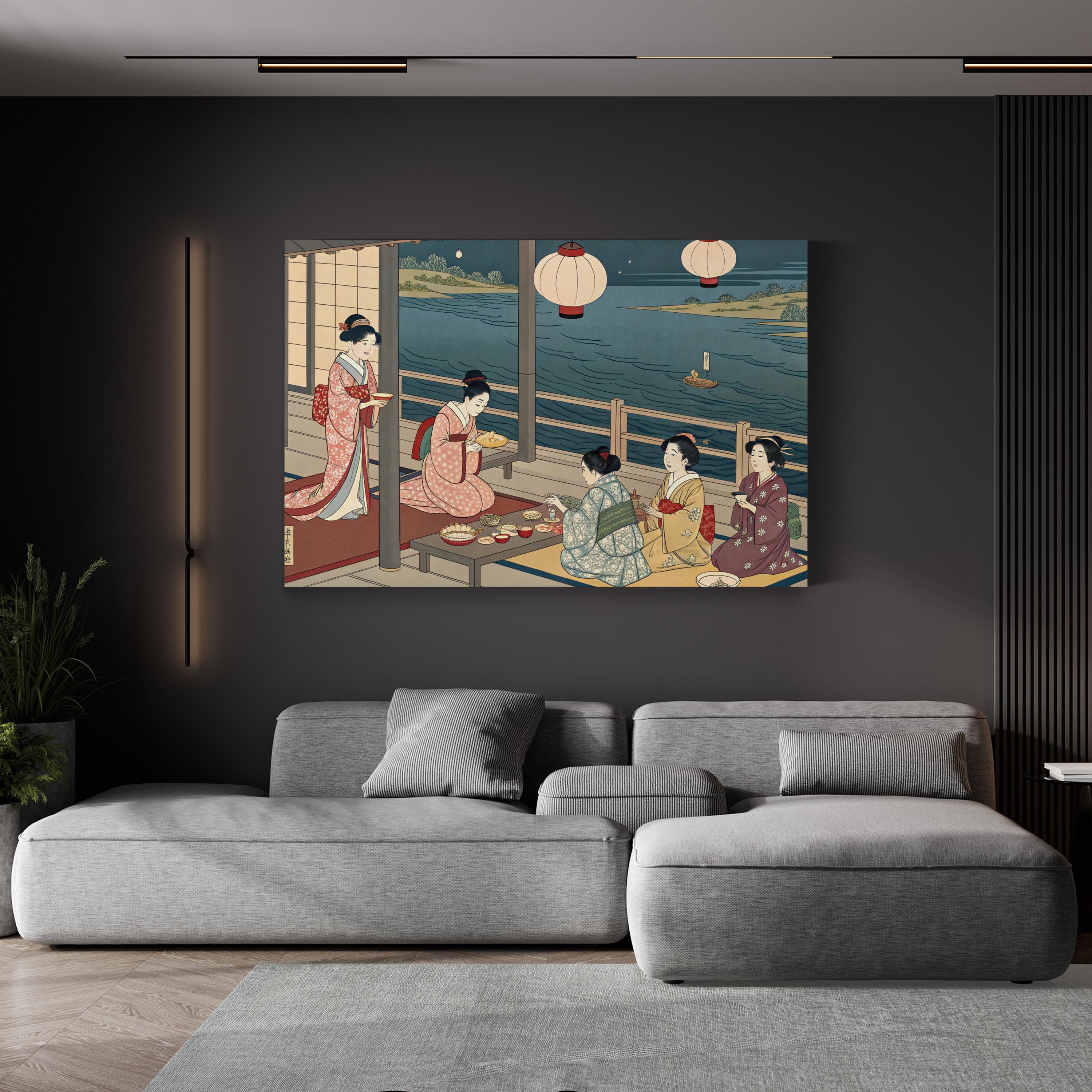 Geisha Evening Gathering by the River canvas print displayed in a modern living room