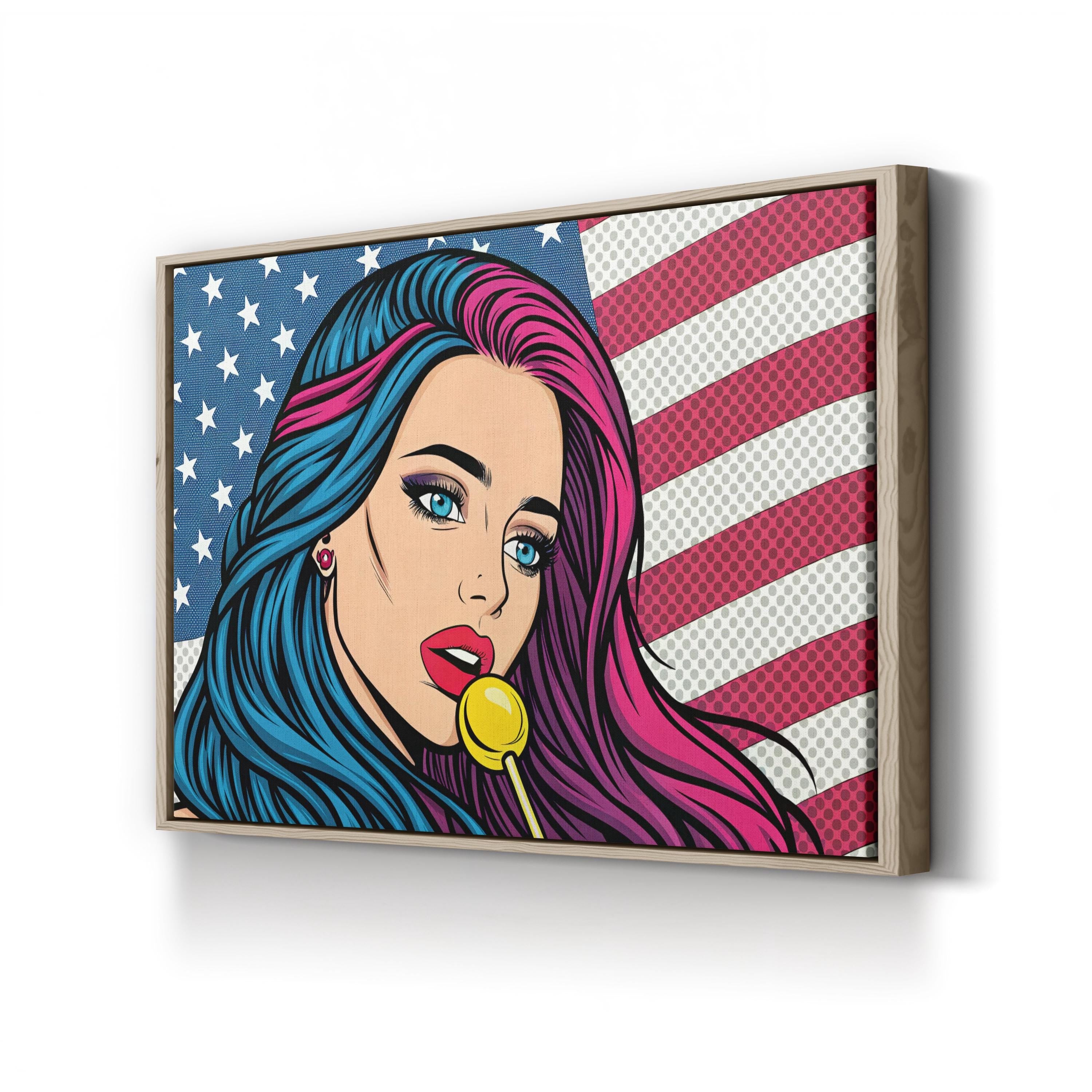 Retro Comic Girl with American Flag Wall Art | Pop Art Graphic Canvas Print