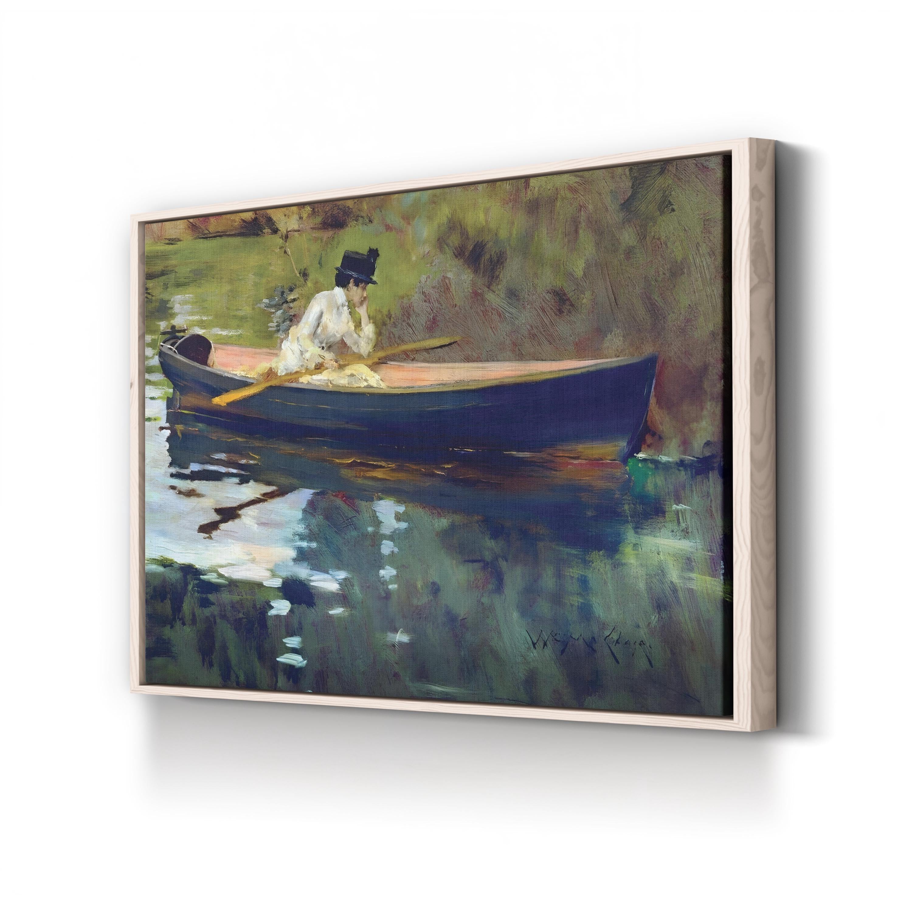 Framed painting of a woman in a blue rowboat on a white background