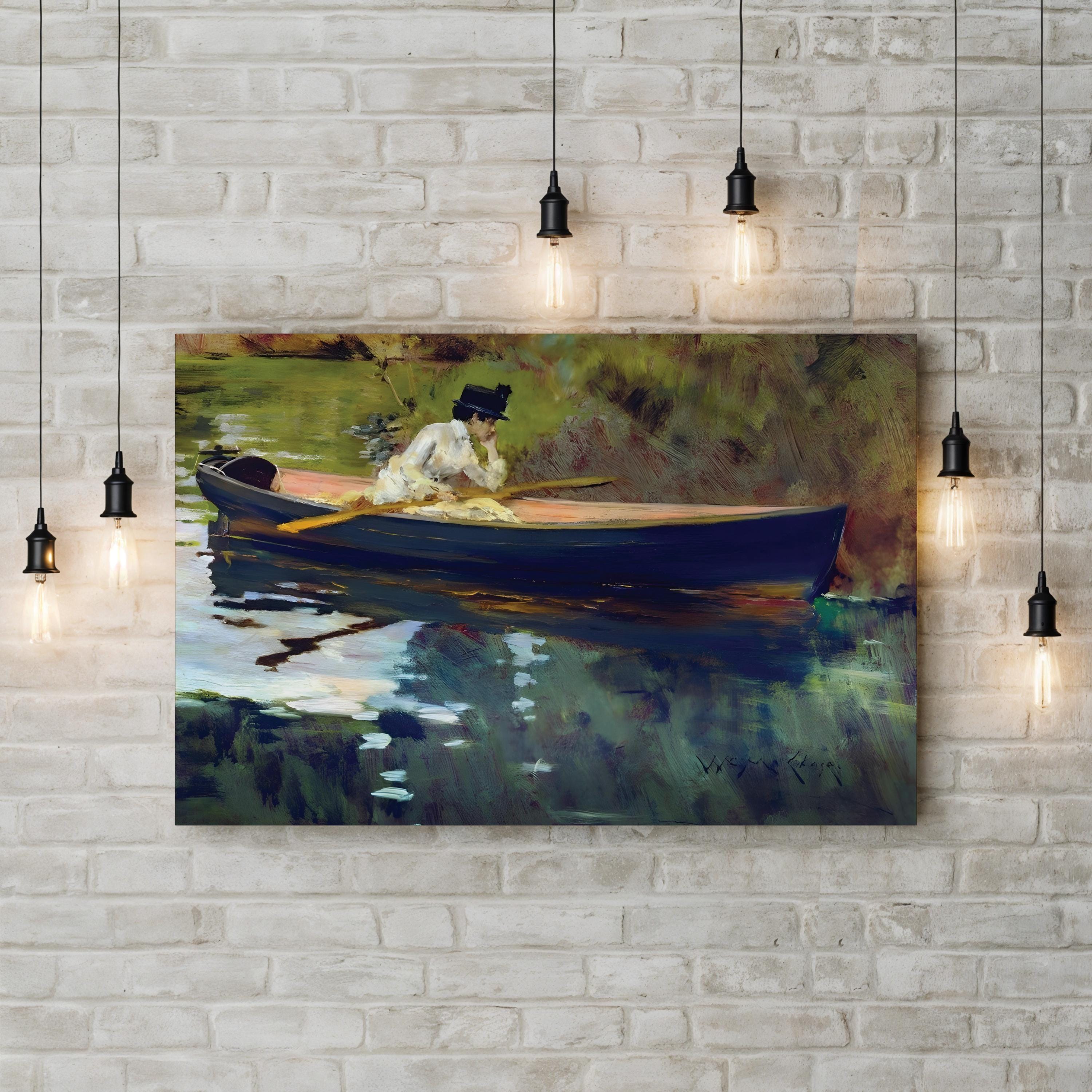 Painting of a woman in a boat on a wall with pendant lights.