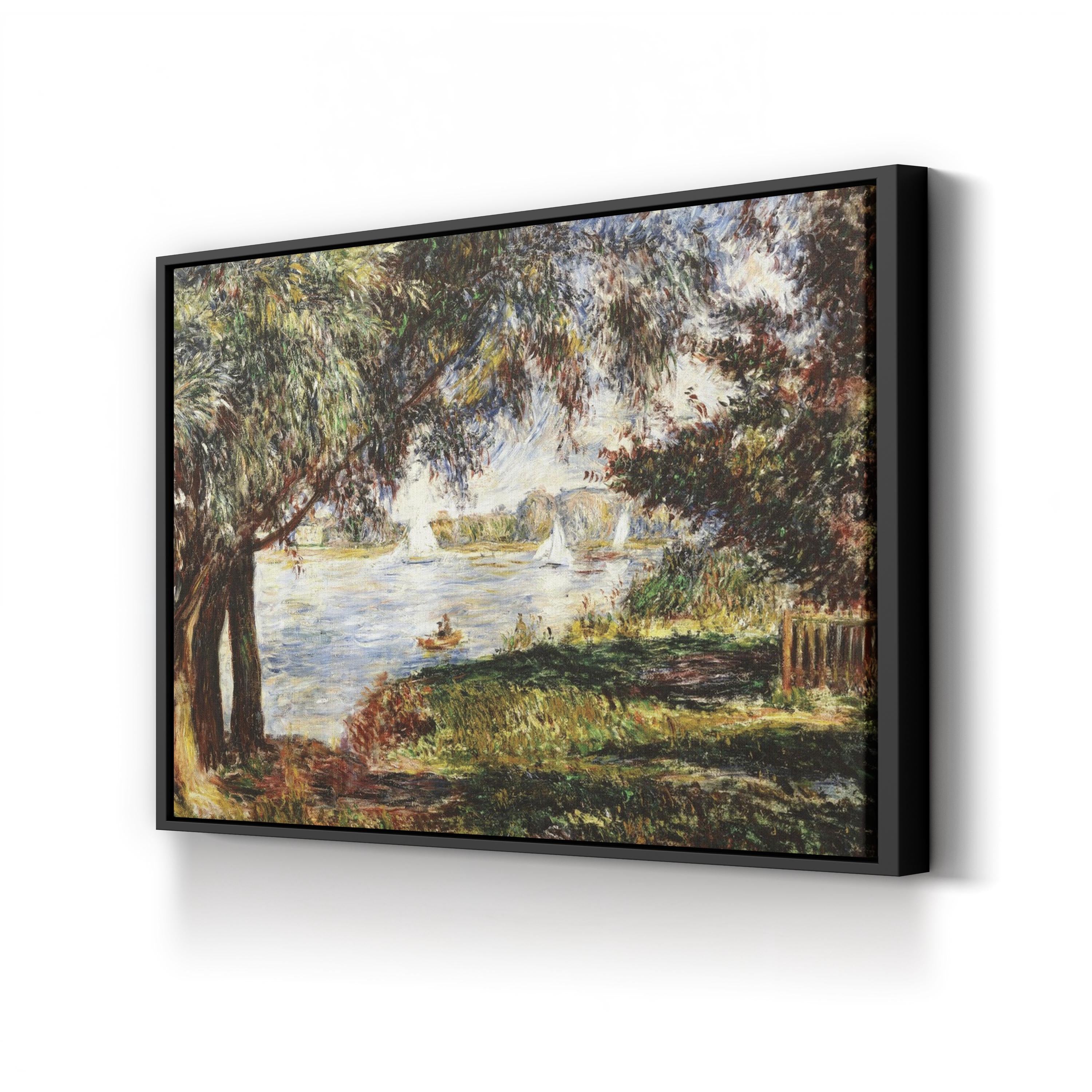 Framed painting of a landscape with trees, water, and a bridge.