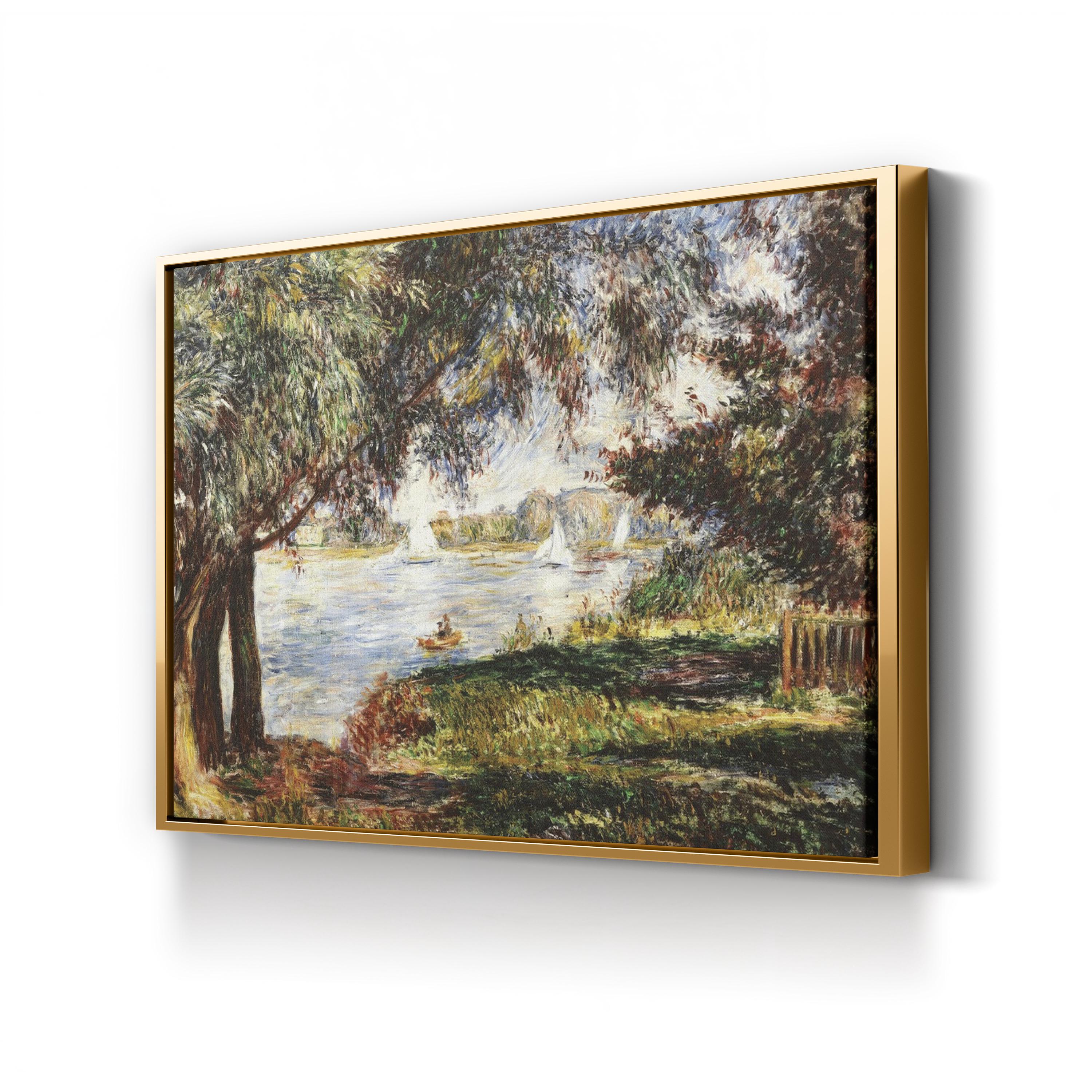 Framed painting of a landscape with trees and water on a white wall