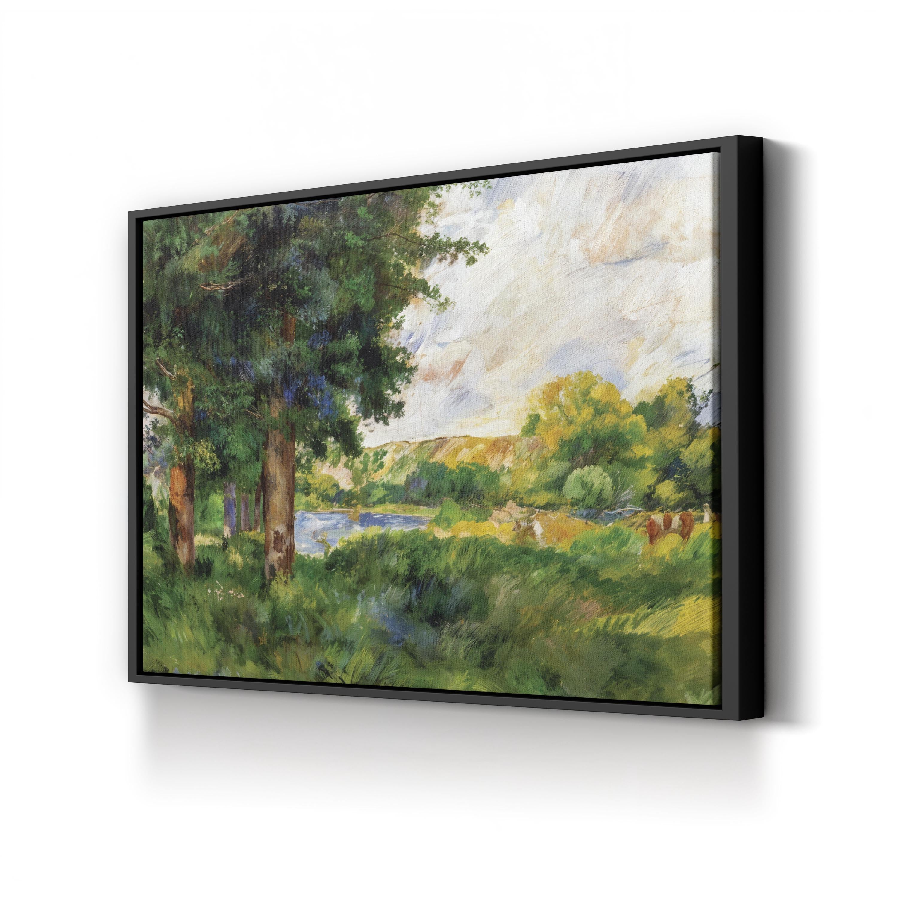 Scenic Landscape Canvas Wall Art – Classical Nature Painting with Hand-Cut Wood Frame