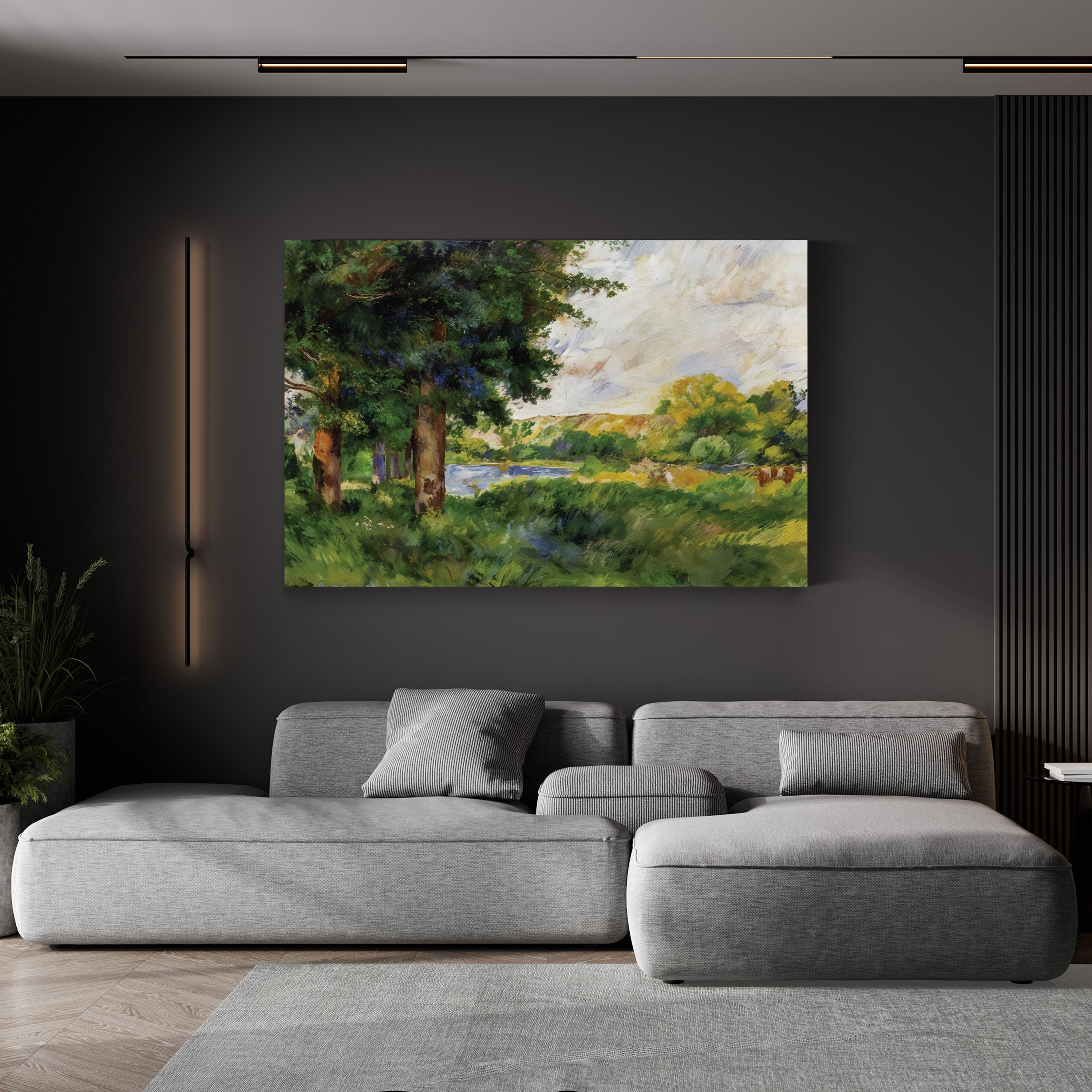 Scenic Landscape Canvas Wall Art – Classical Nature Painting with Hand-Cut Wood Frame