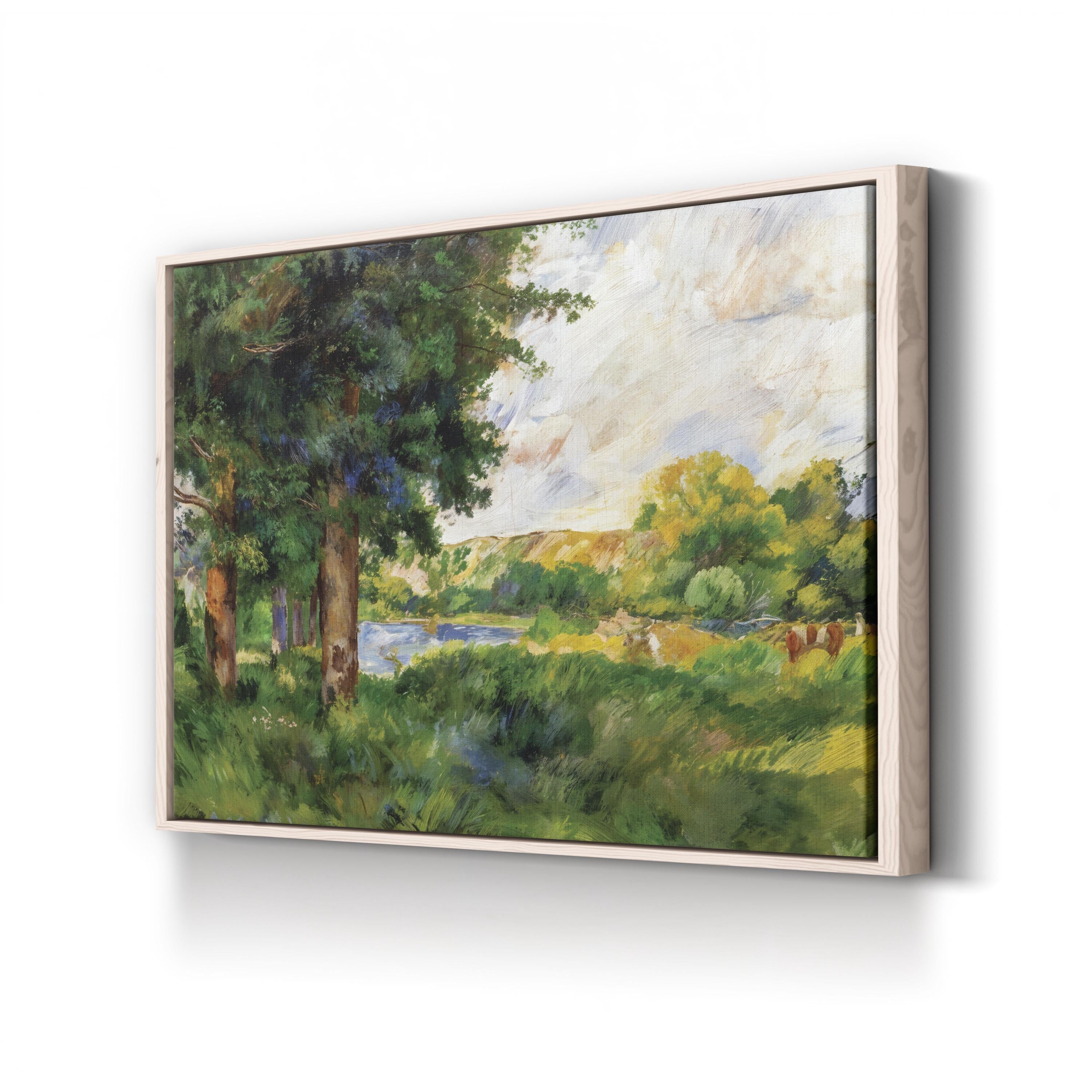 Scenic Landscape Canvas Wall Art – Classical Nature Painting with Hand-Cut Wood Frame