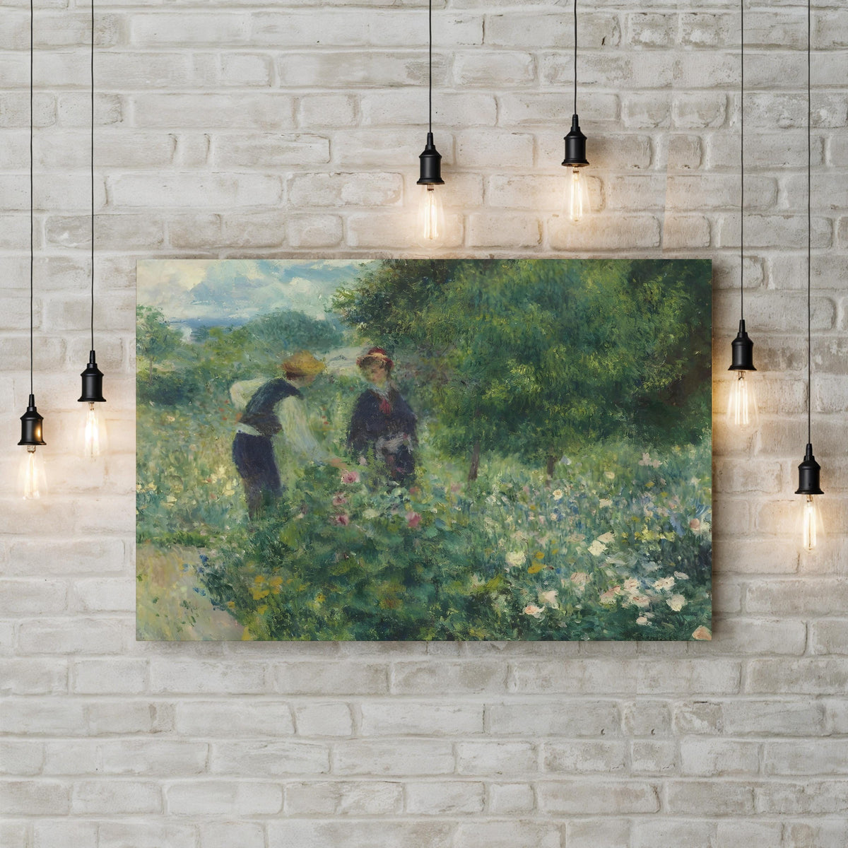 Picking Flowers, c. 1875 by Pierre-Auguste Renoir canvas print displayed on a white brick wall