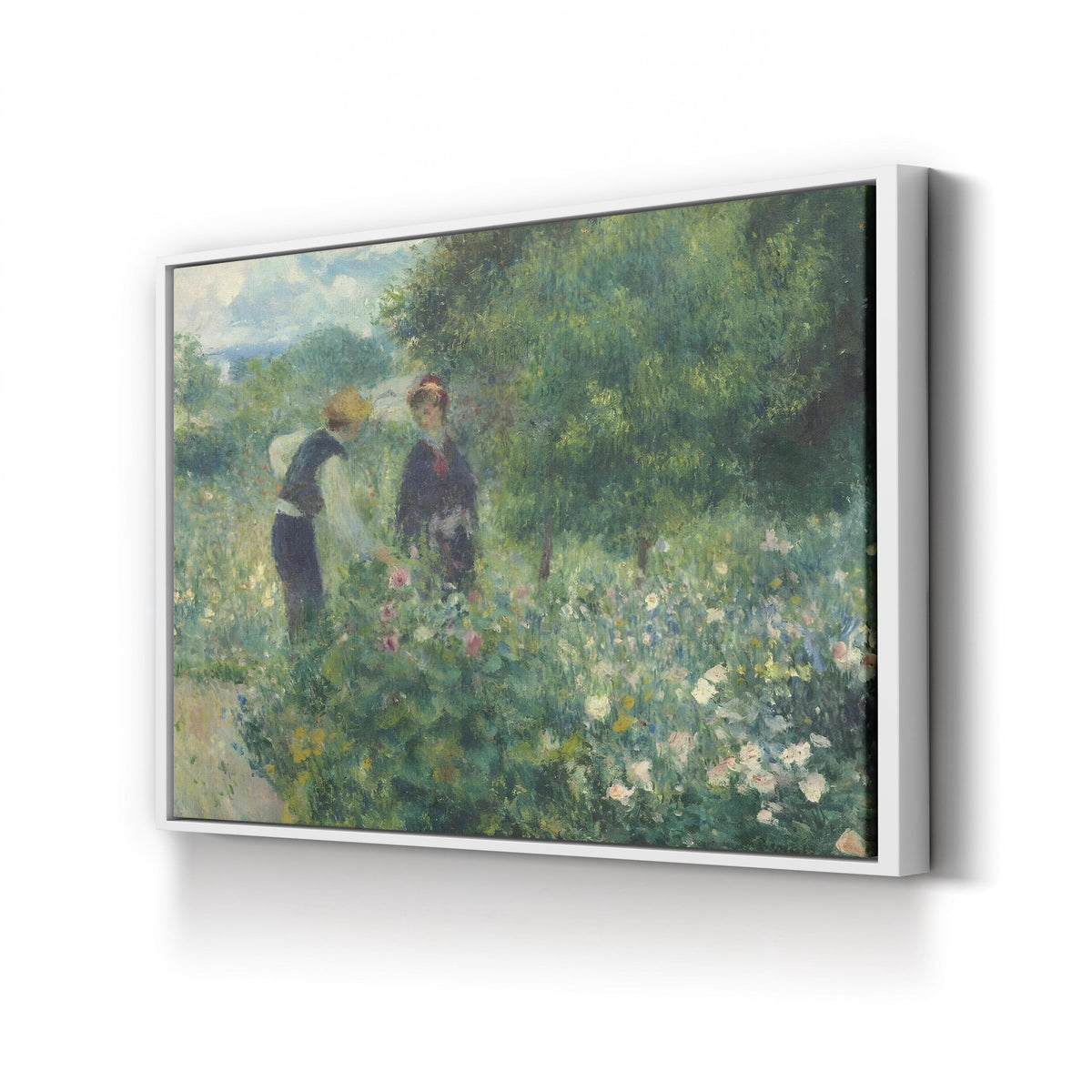 Picking Flowers, c. 1875 by Pierre-Auguste Renoir canvas print in White Framed Canvas