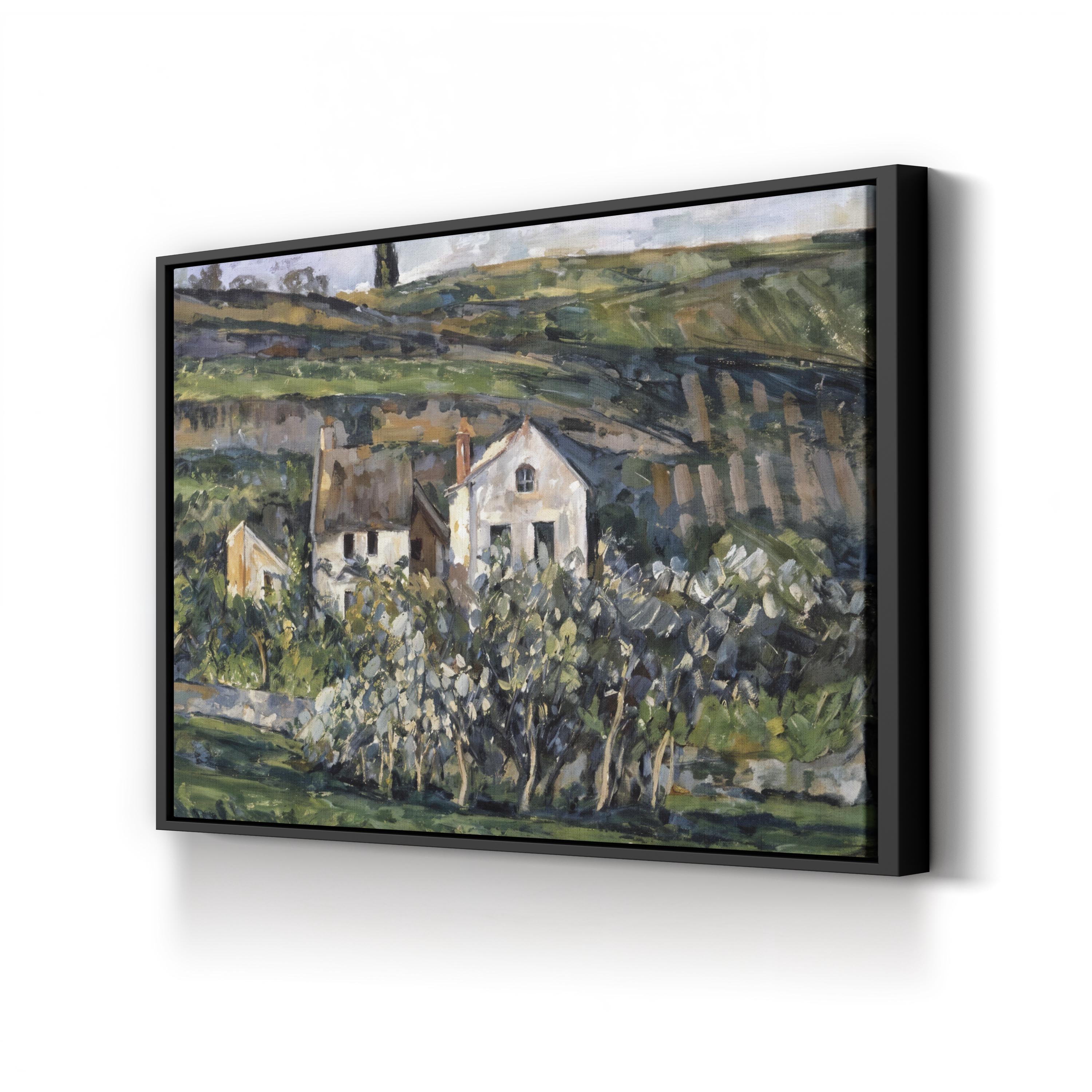 Framed painting of a landscape with houses and trees on a hillside.