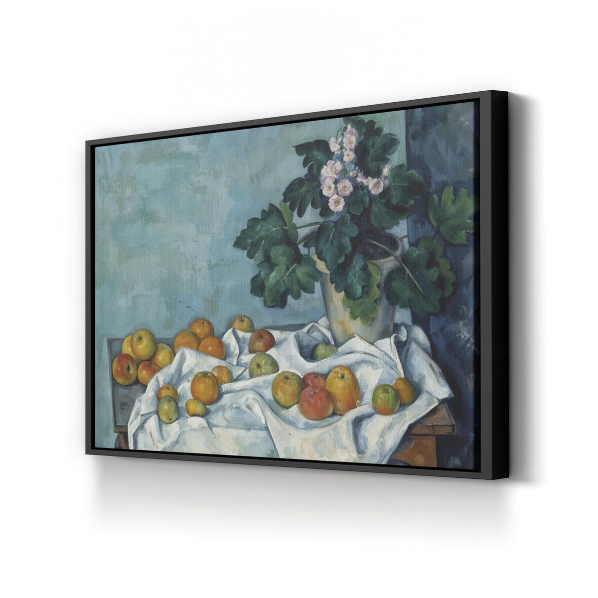 Still Life with Apples and a Pot of Primroses by Paul Cézanne canvas print in black frame