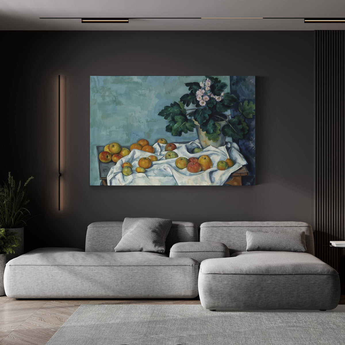 Still Life with Apples and a Pot of Primroses by Paul Cézanne canvas print, gallery canvas displayed in living room