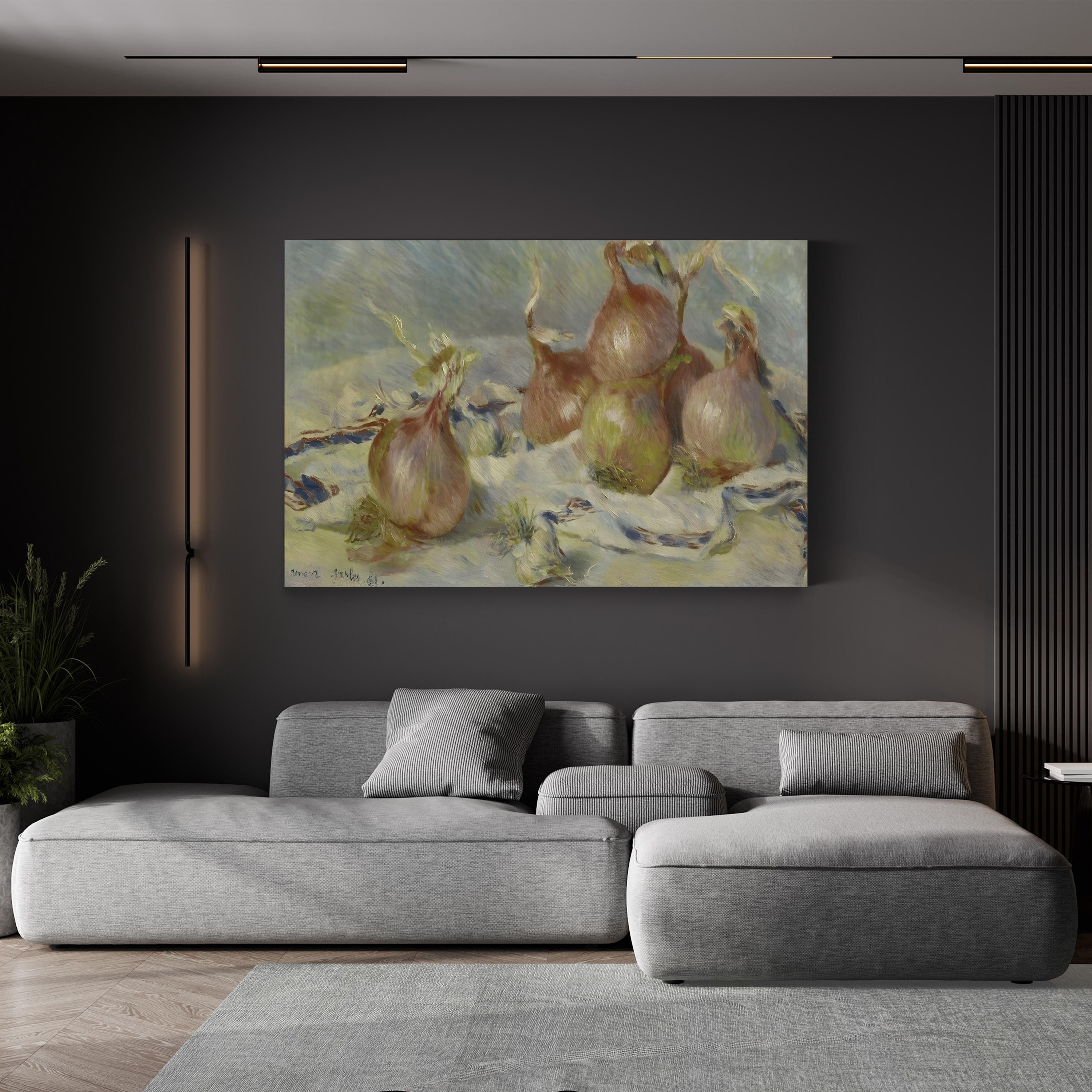 Onions, 1881 by Pierre-Auguste Renoir canvas print displayed in a modern living room with a gray sofa