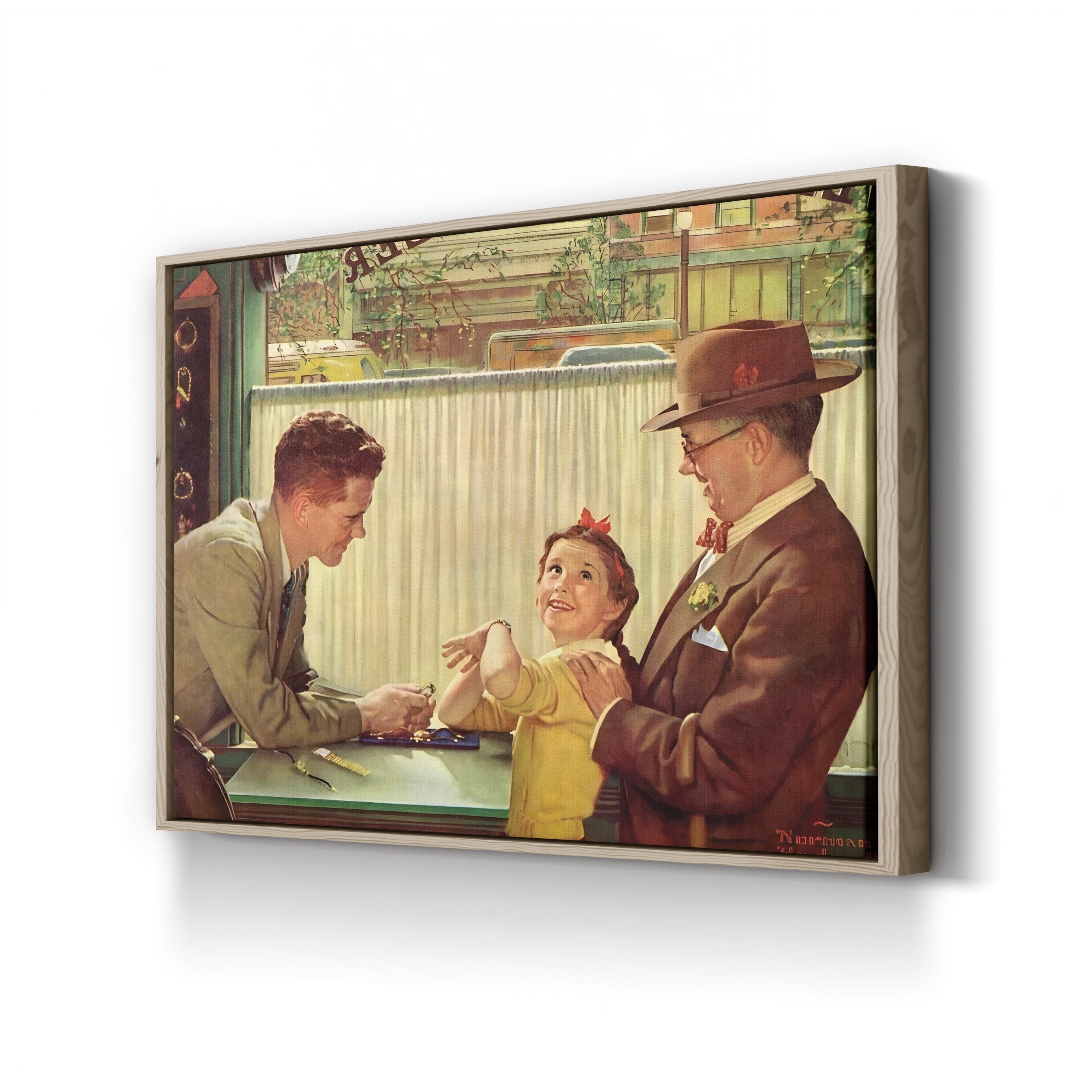 The Jewelry Shop, 1954 by Norman Rockwell canvas print in Oak Framed Canvas
