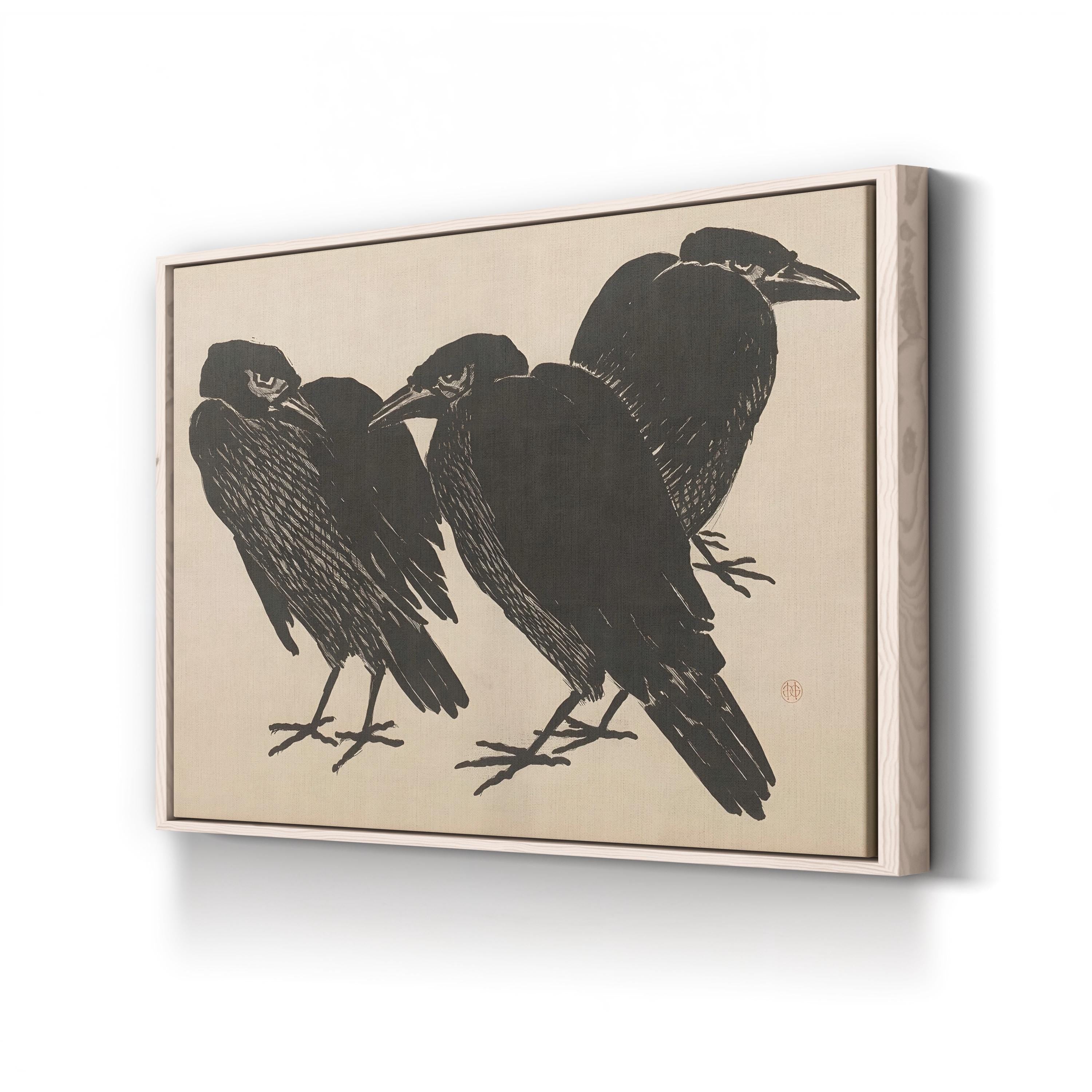 Three Crows in the Grass canvas print in oak frame