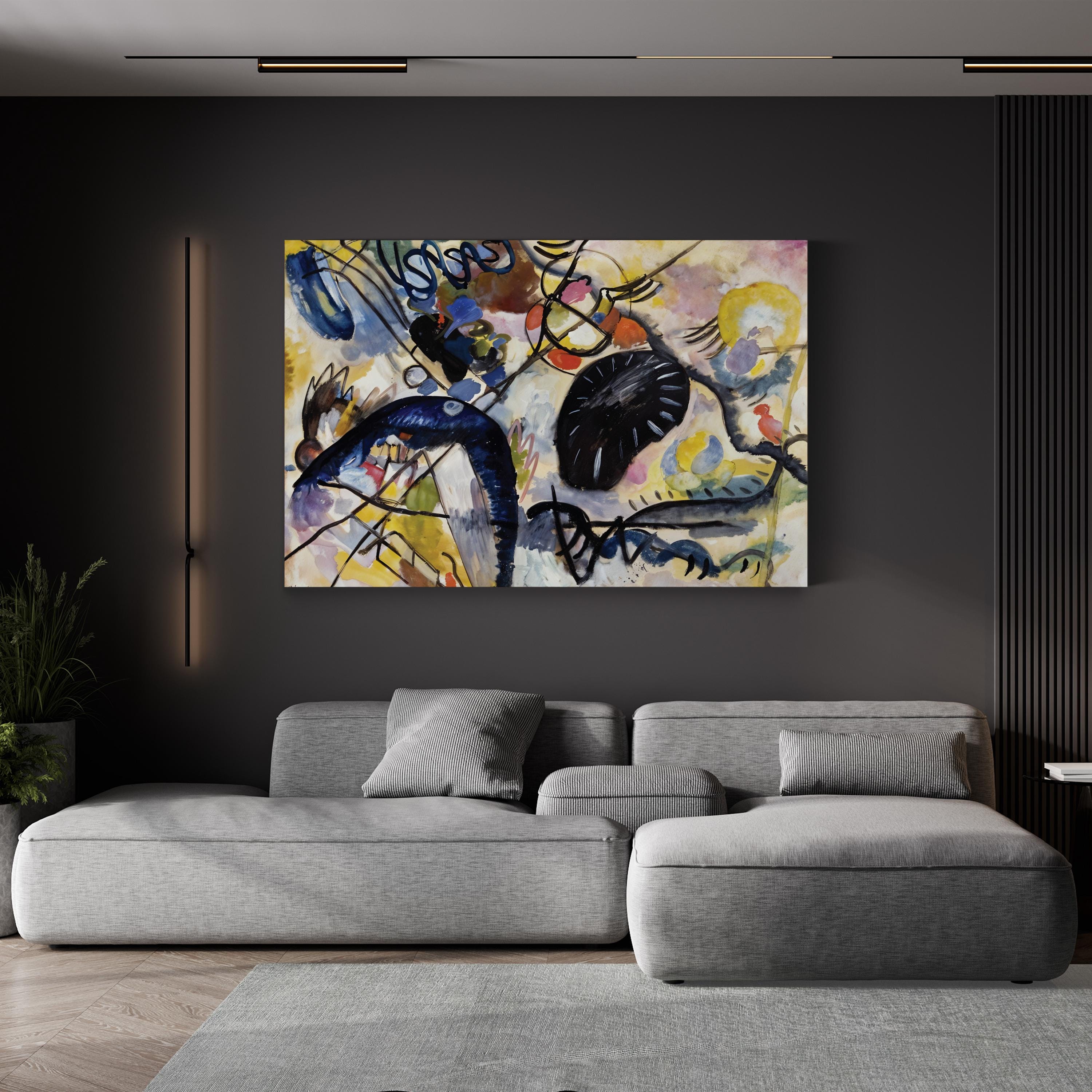 Picture with a Black Arch by Wassily Kandinsky canvas print, gallery canvas displayed in a modern living room with a gray sofa