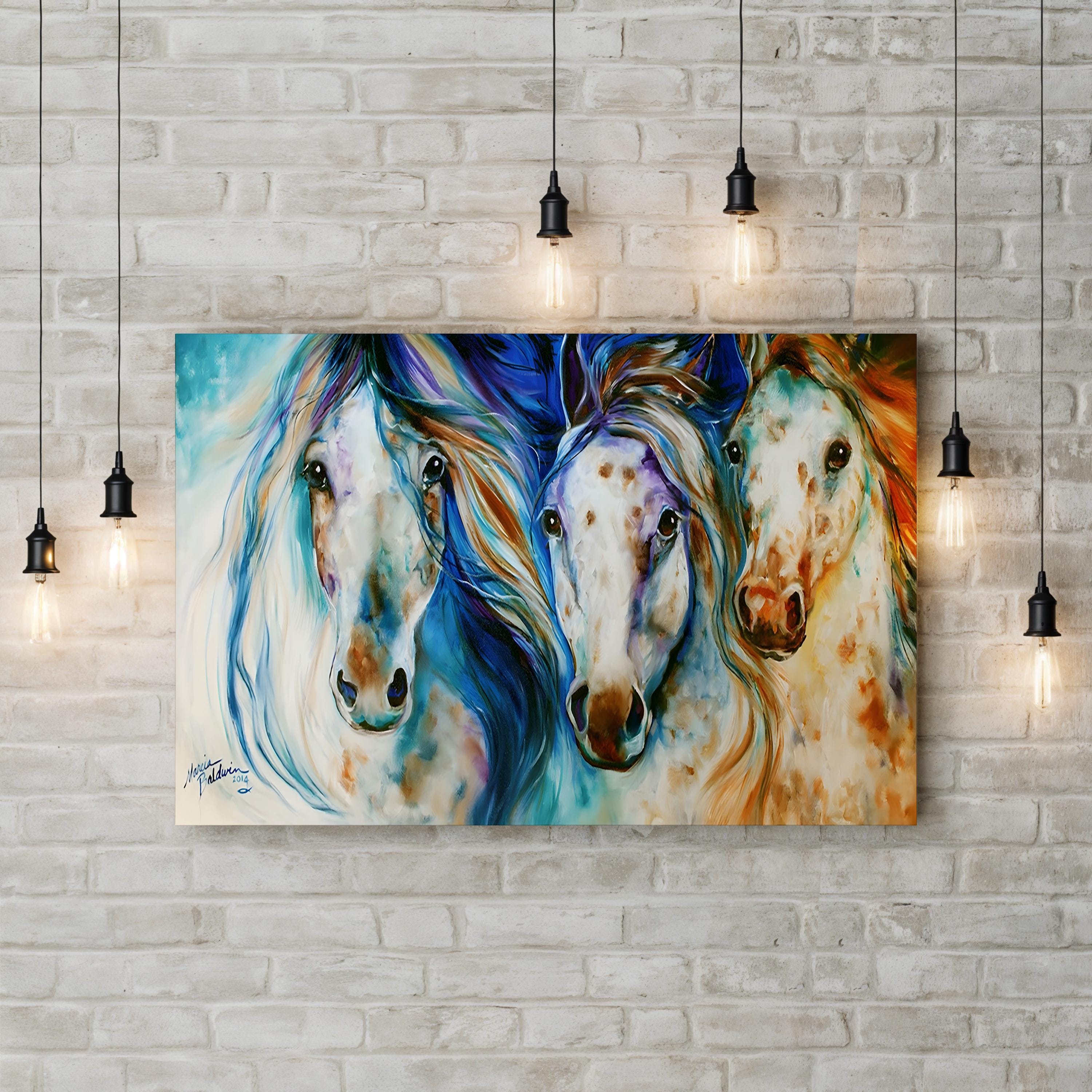 Colorful painting of three horses on a brick wall with hanging lights.