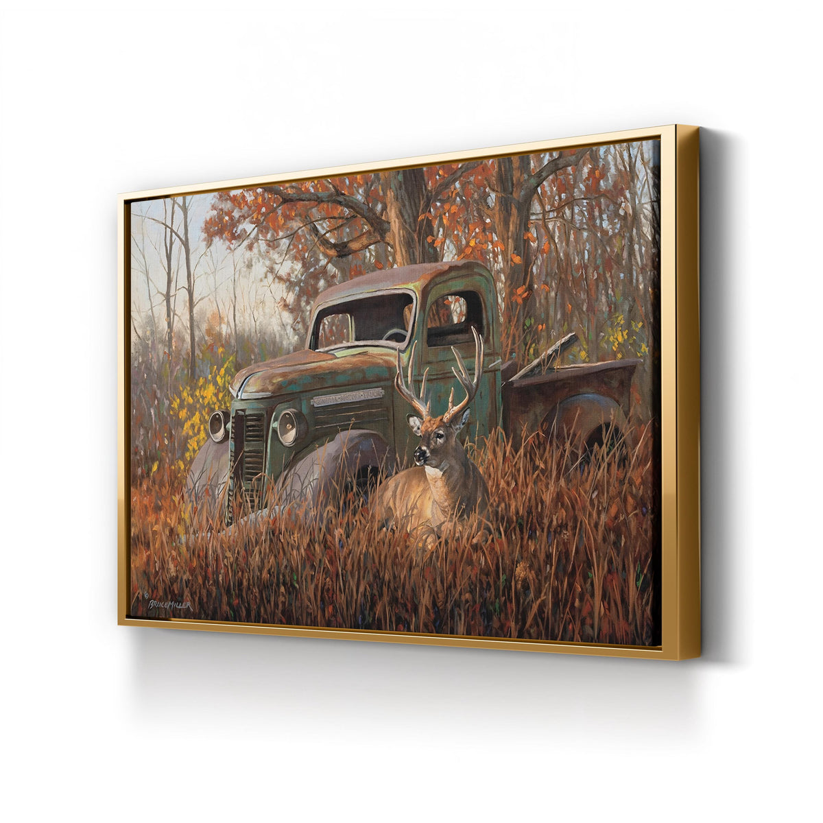 A Buck and a Truck, by Bruce Miller canvas print in gold frame