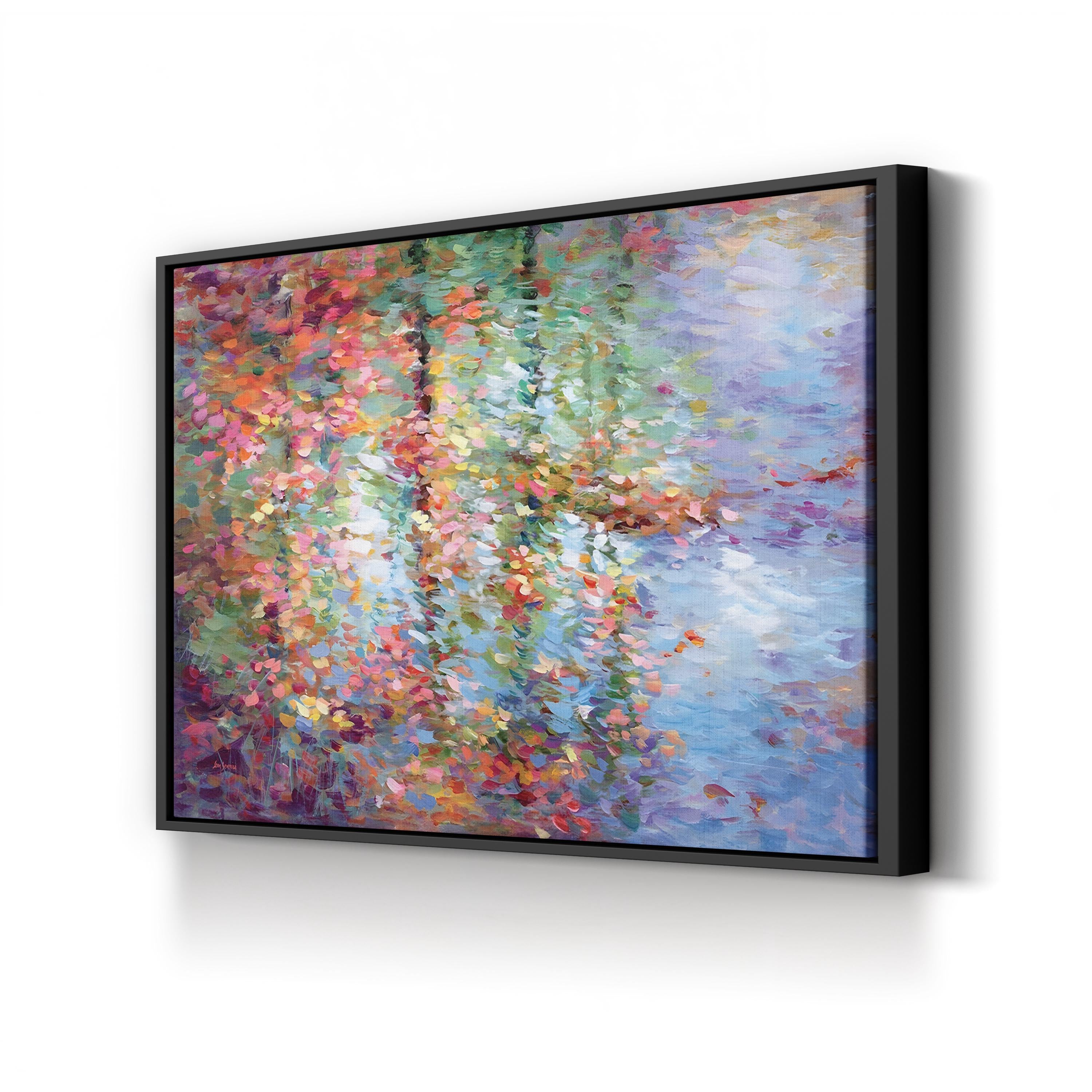 Framed painting of a colorful abstract scene on a white wall