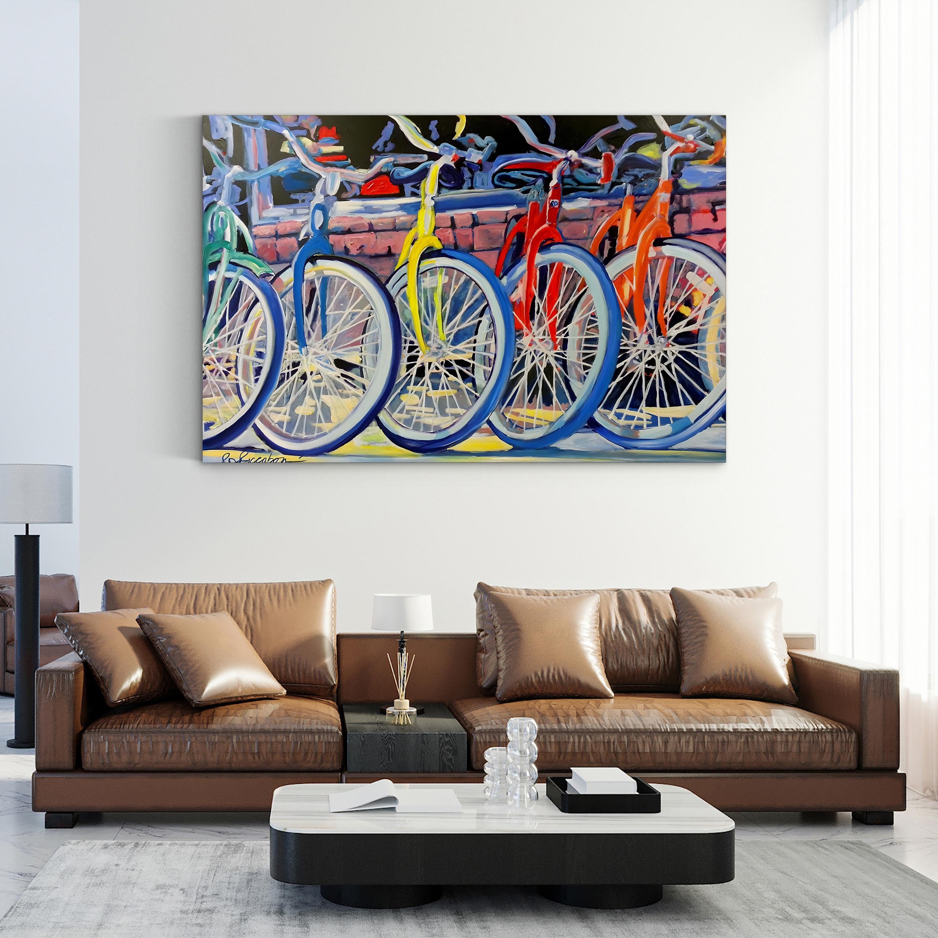 Vintage Bicycle Shop Canvas Art: Yellow Bike & Colorful Storefront Scene
