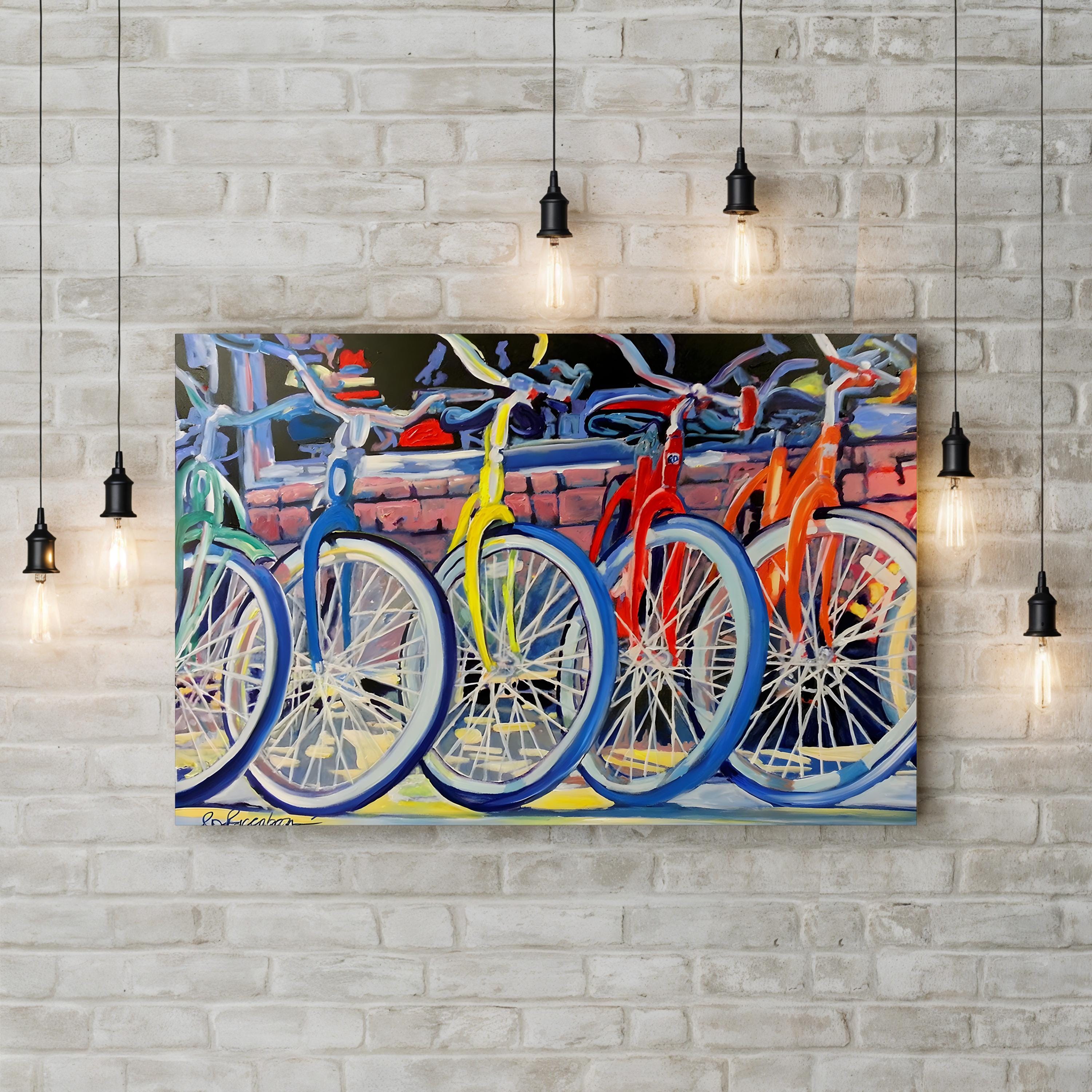 Vintage Bicycle Shop Canvas Art: Yellow Bike & Colorful Storefront Scene