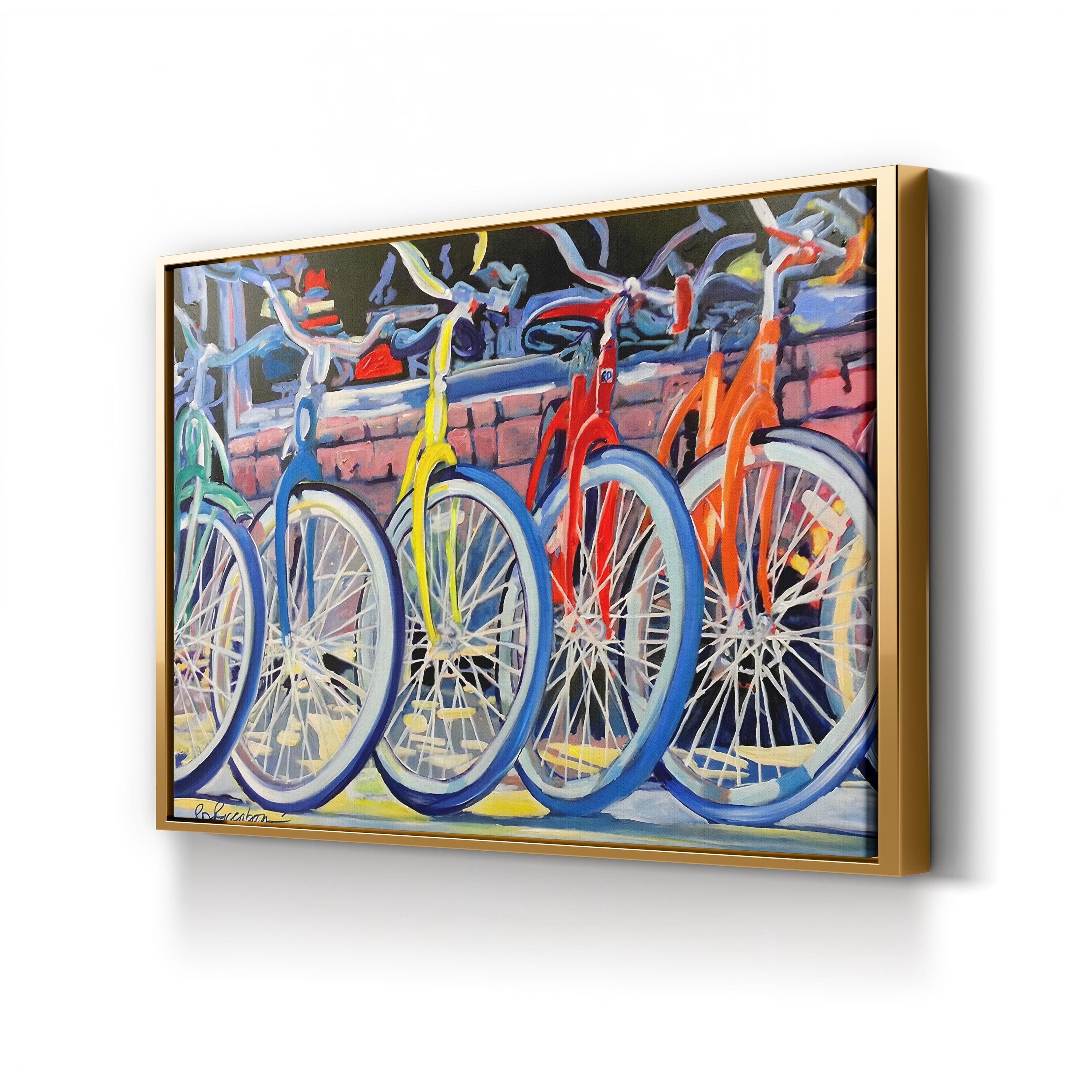 Vintage Bicycle Shop Canvas Art: Yellow Bike & Colorful Storefront Scene