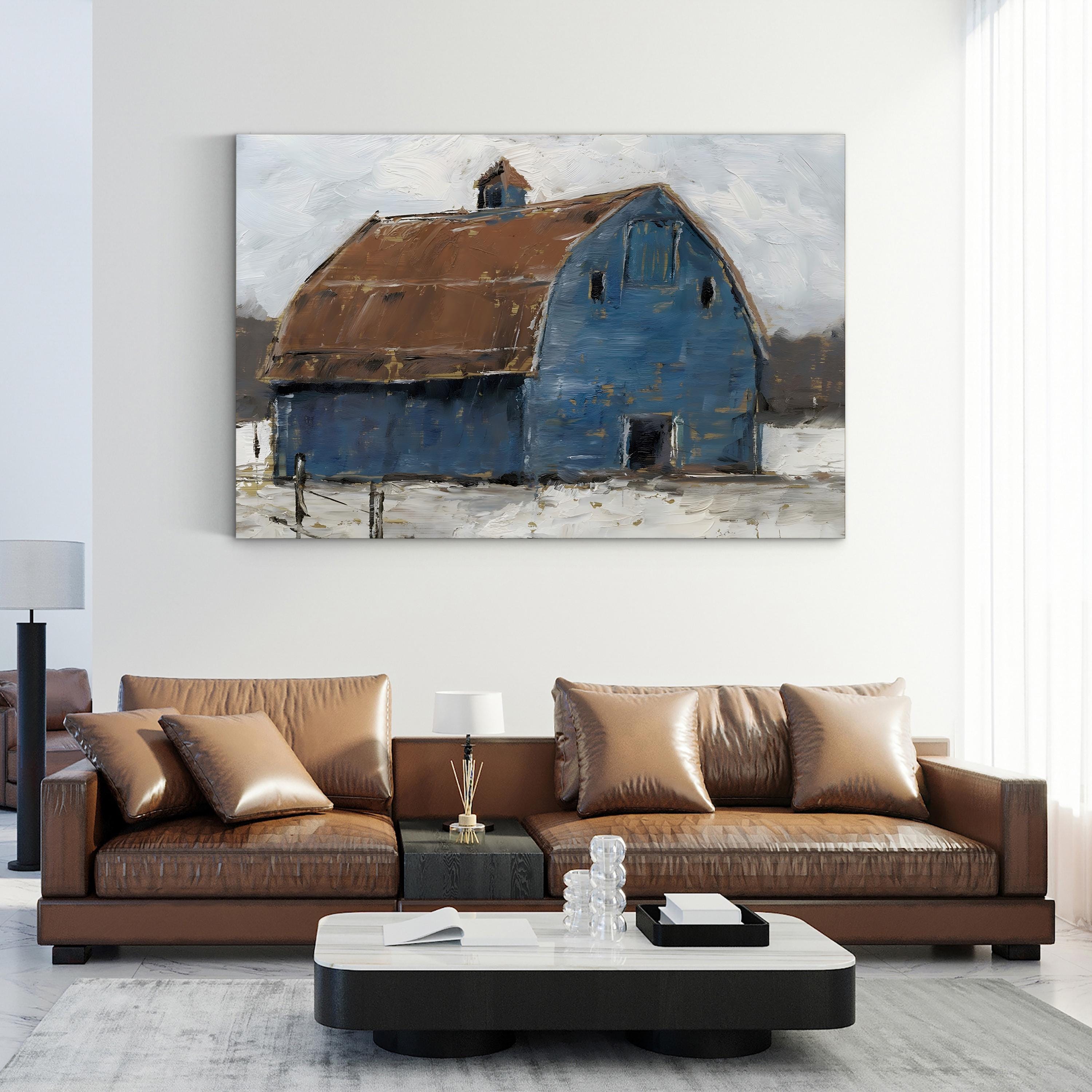 Blue Barn I Wall Art by Ethan Harper – Farmhouse Rural Landscape Canvas