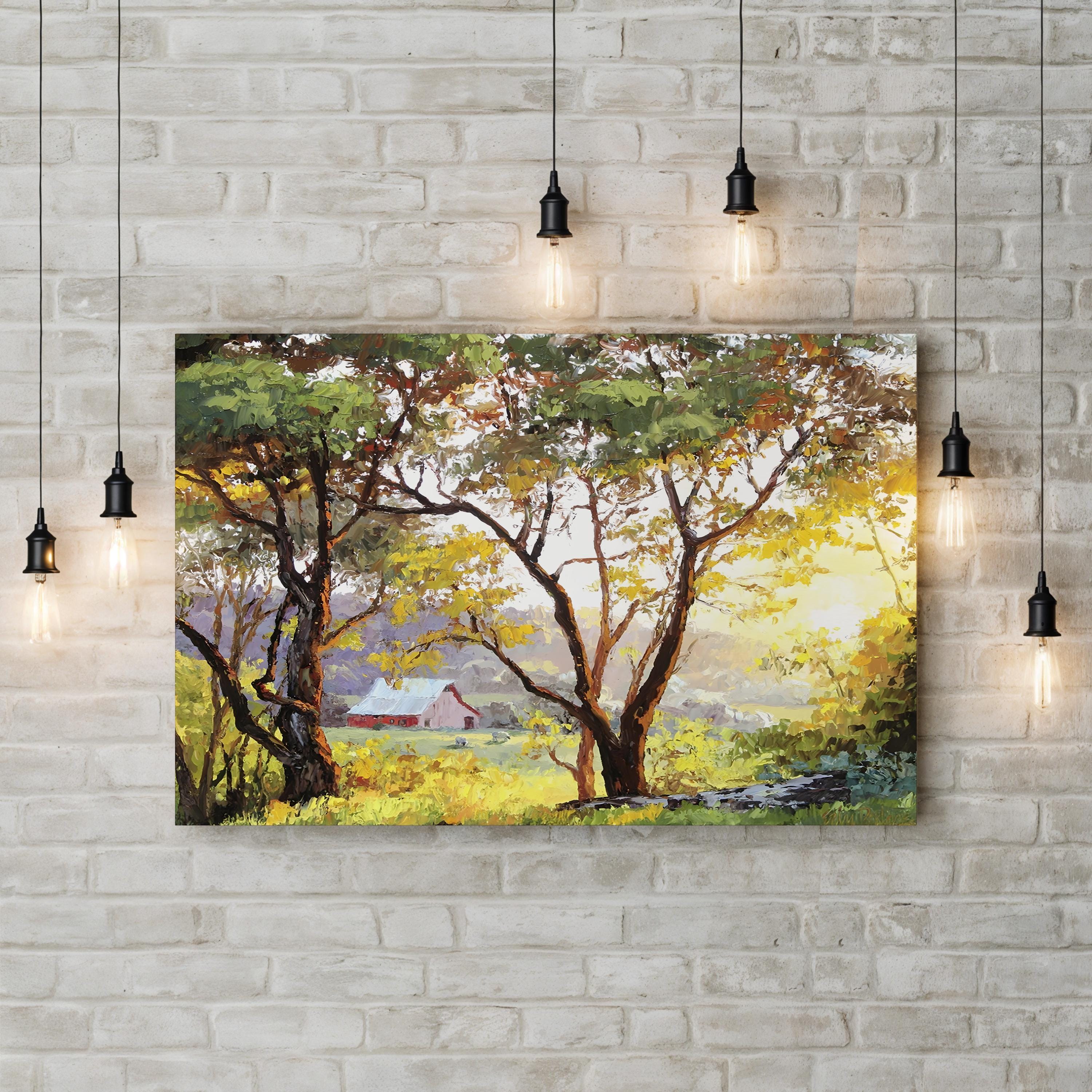 Burnished Landscape Wall Art by Erin Dertner | Sunlit Countryside Barn Landscape Canvas
