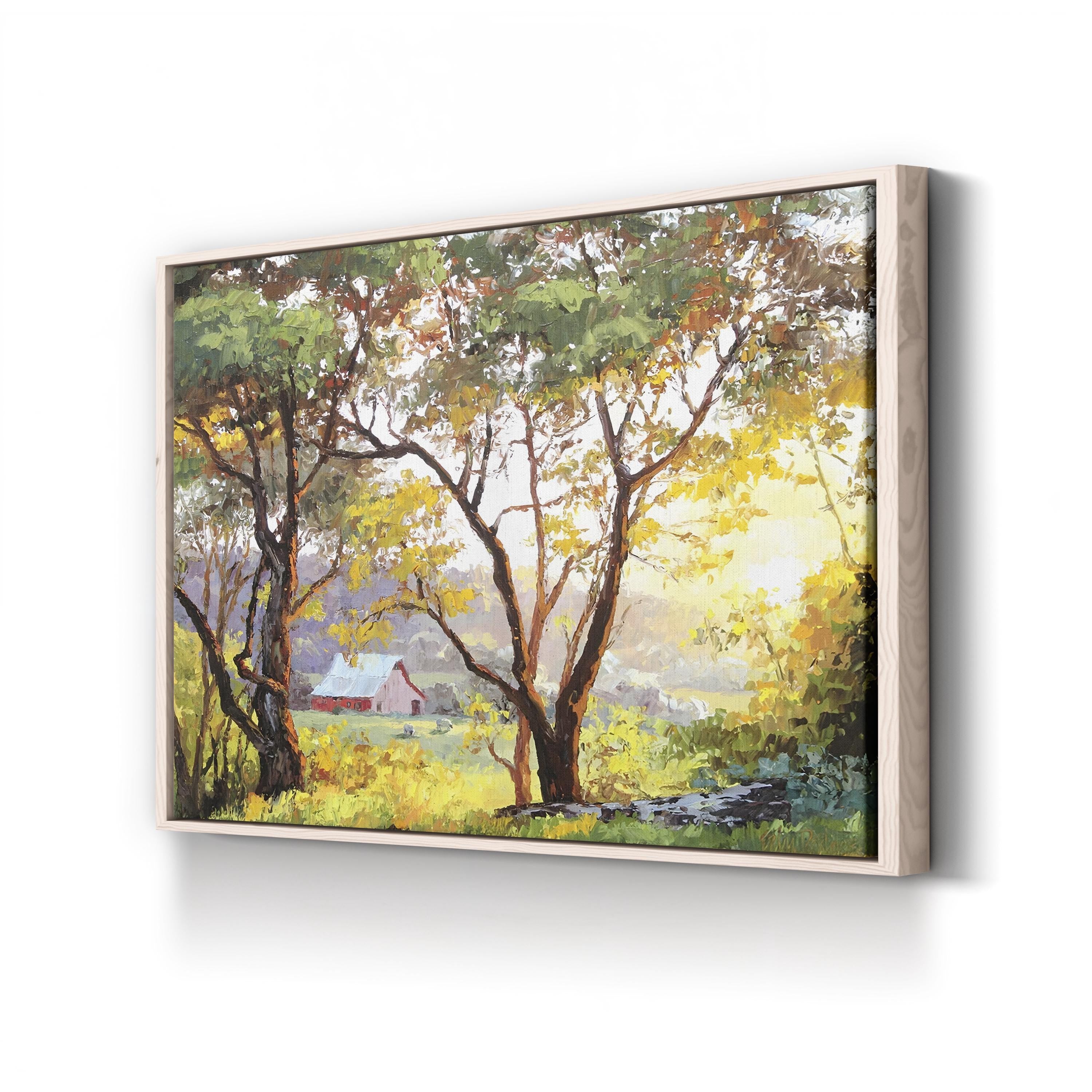 Burnished Landscape Wall Art by Erin Dertner | Sunlit Countryside Barn Landscape Canvas