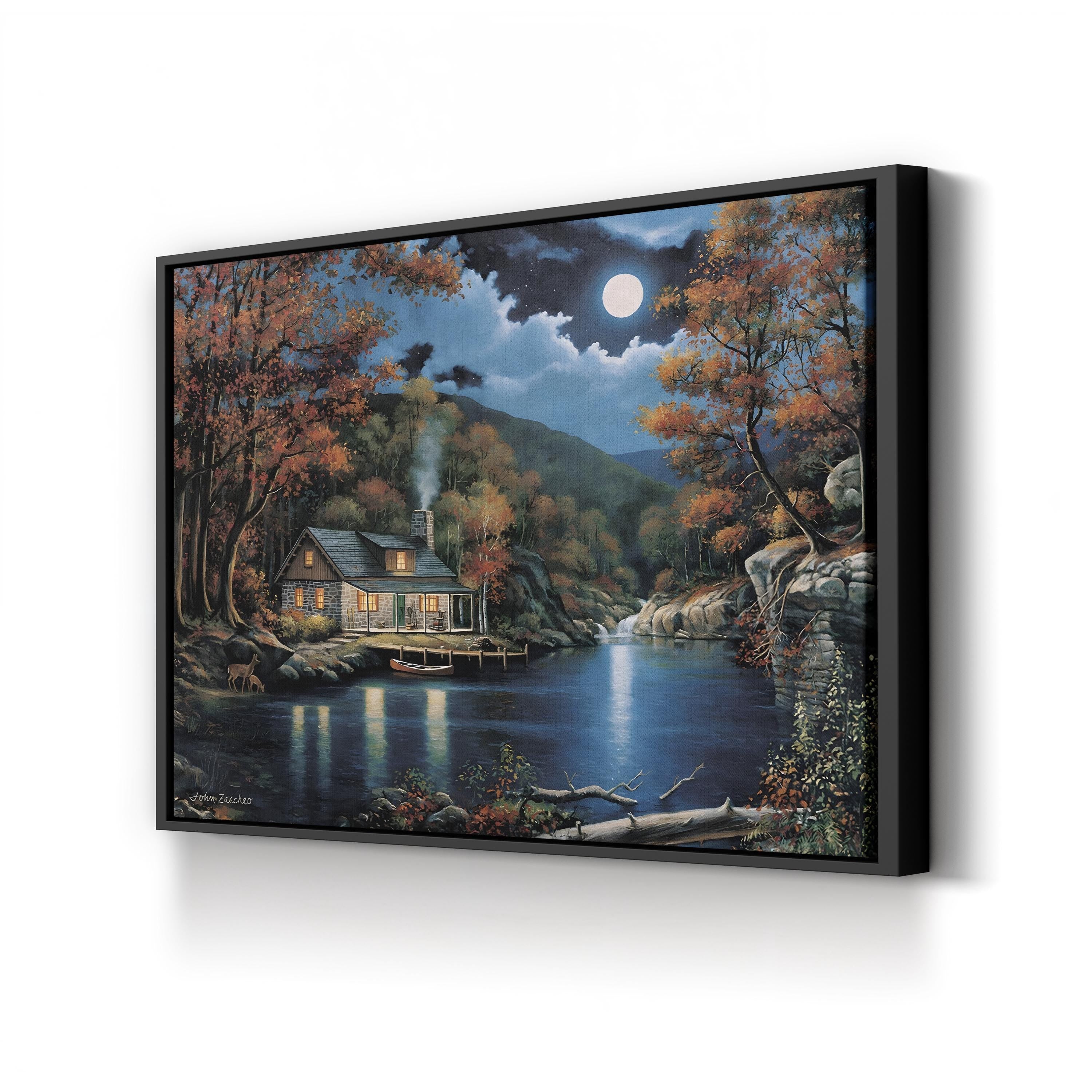 Cabin By The Lake Wall Art by John Zaccheo | Serene Wildlife Lake Landscape Canvas