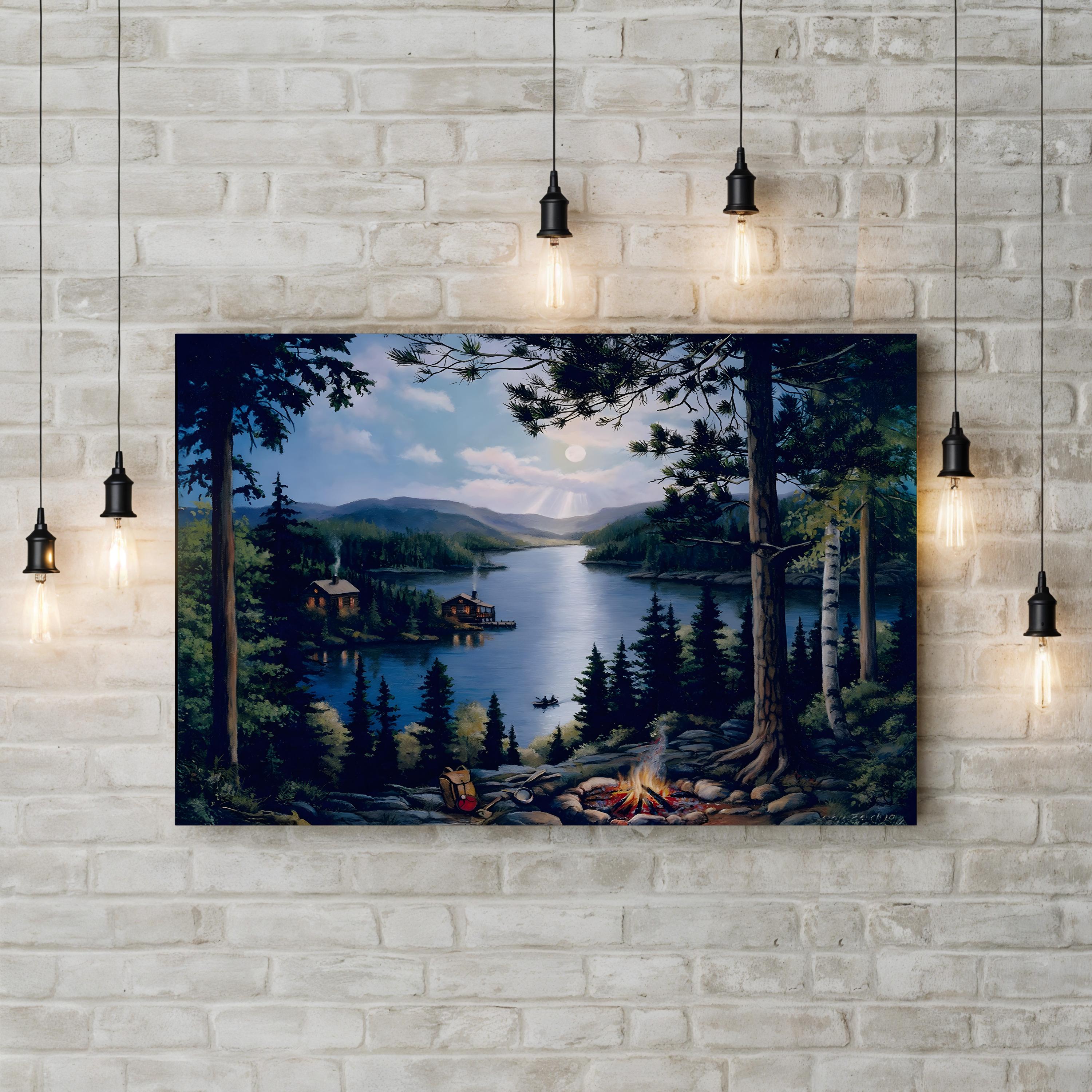 Cabin In The Woods Wall Art by John Zaccheo – Woodland Campfire Landscape Canvas