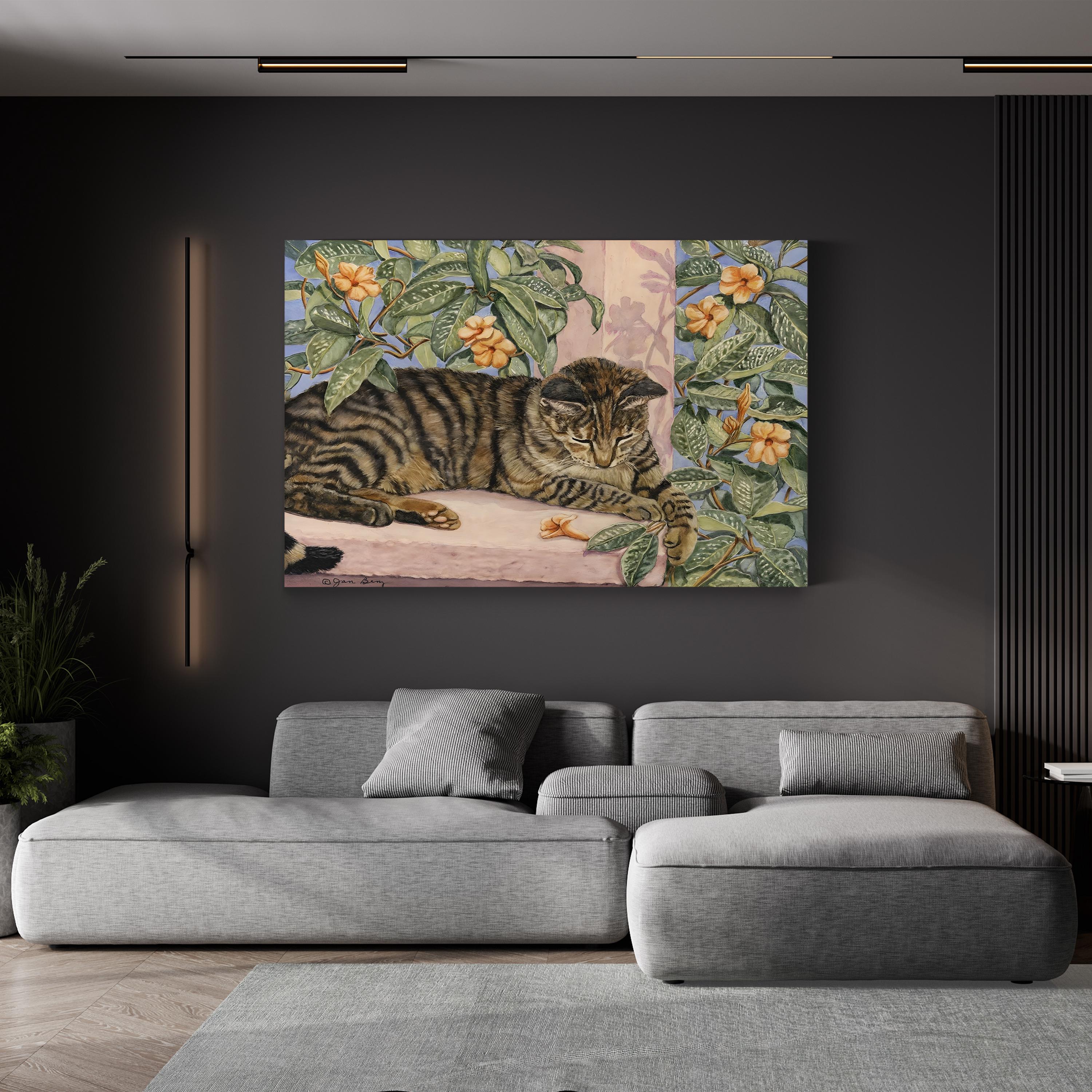 Caribbean Cat Wall Art by Jan Benz | Contemporary Floral Animal Illustration Canvas