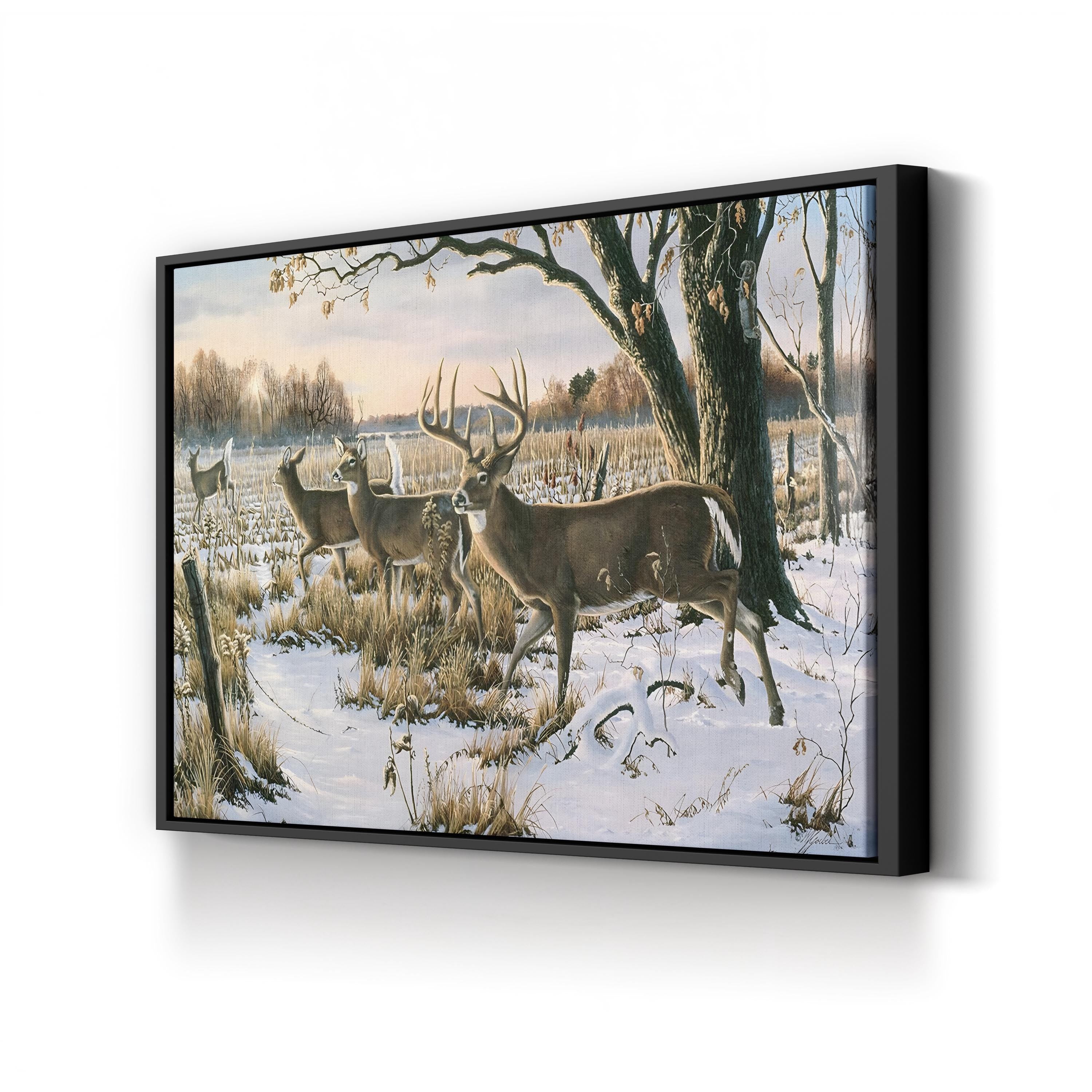 Whitetail Deer in Snowy Woodland – Period Illustration Wall Art | Cabin Canvas Print