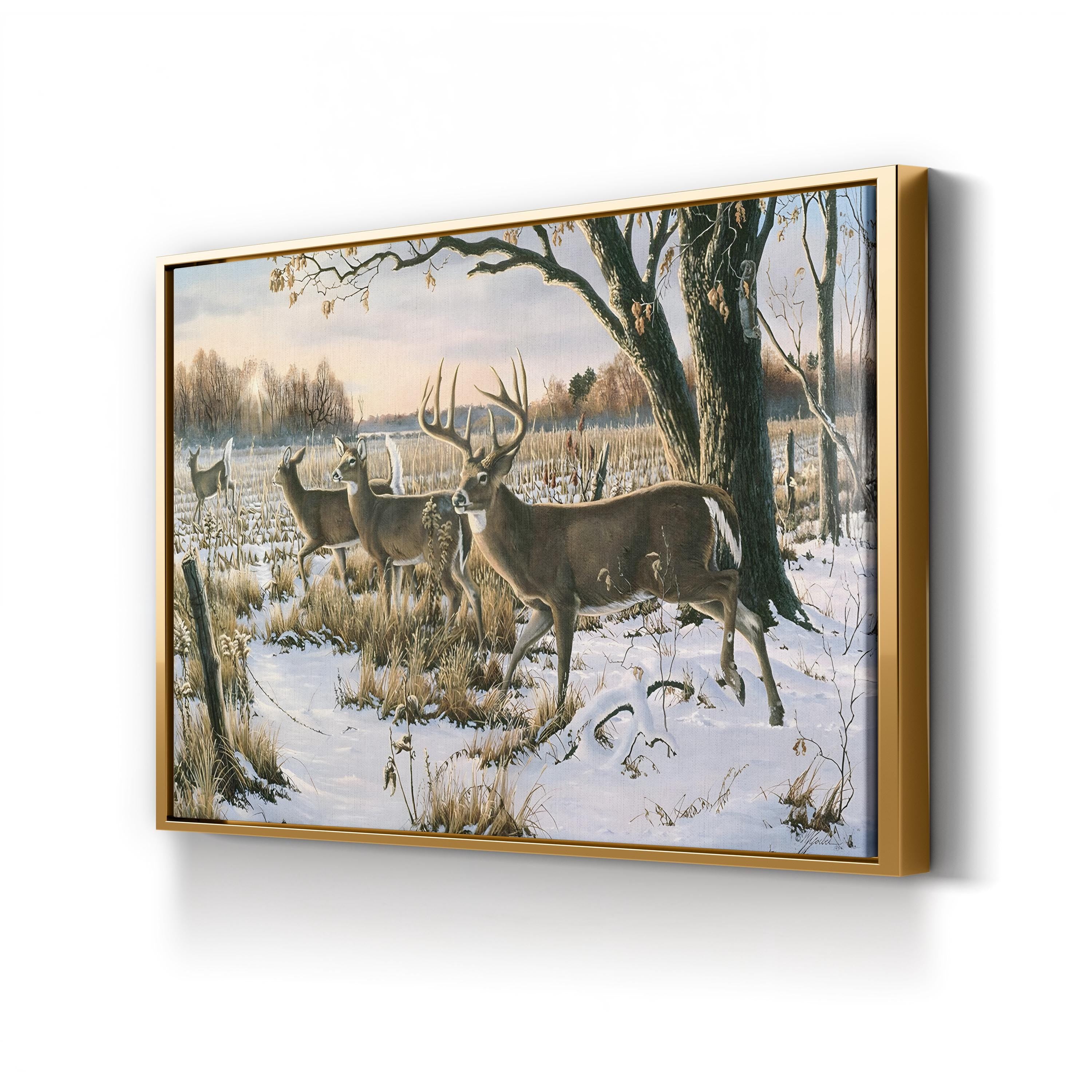 Whitetail Deer in Snowy Woodland – Period Illustration Wall Art | Cabin Canvas Print