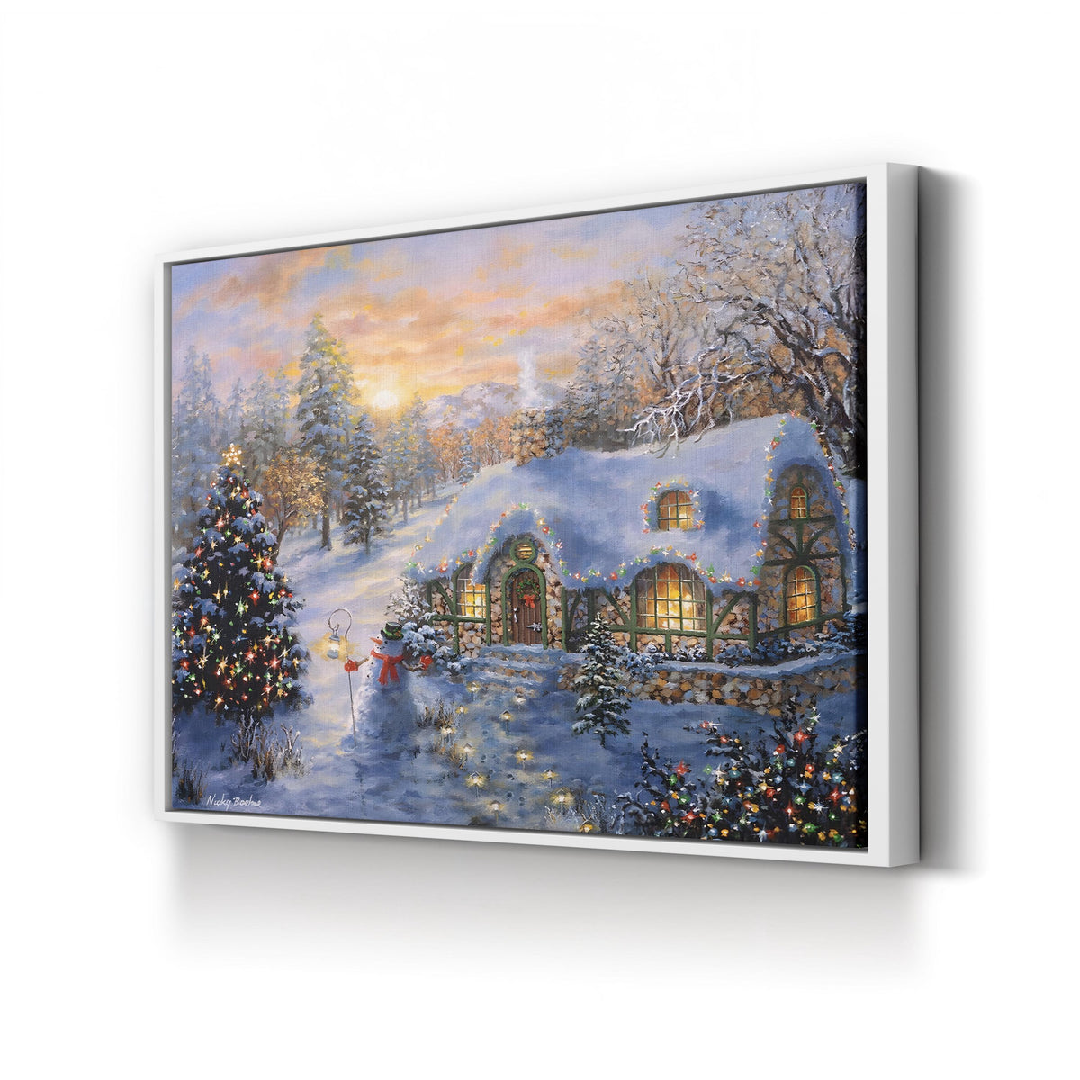 Christmas Cottage by Nicky Boehme canvas print in White Framed Canvas