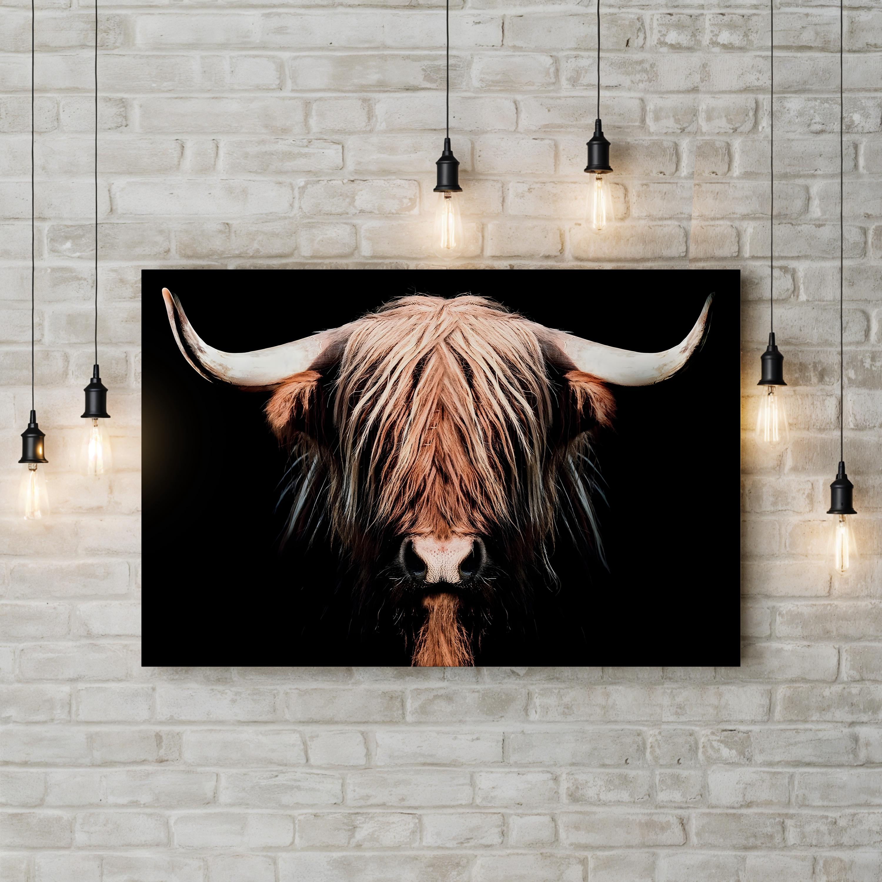 Dark Highland Cow Canvas Wall Art | Long Hair & Horns Rustic Farmhouse Animal Decor