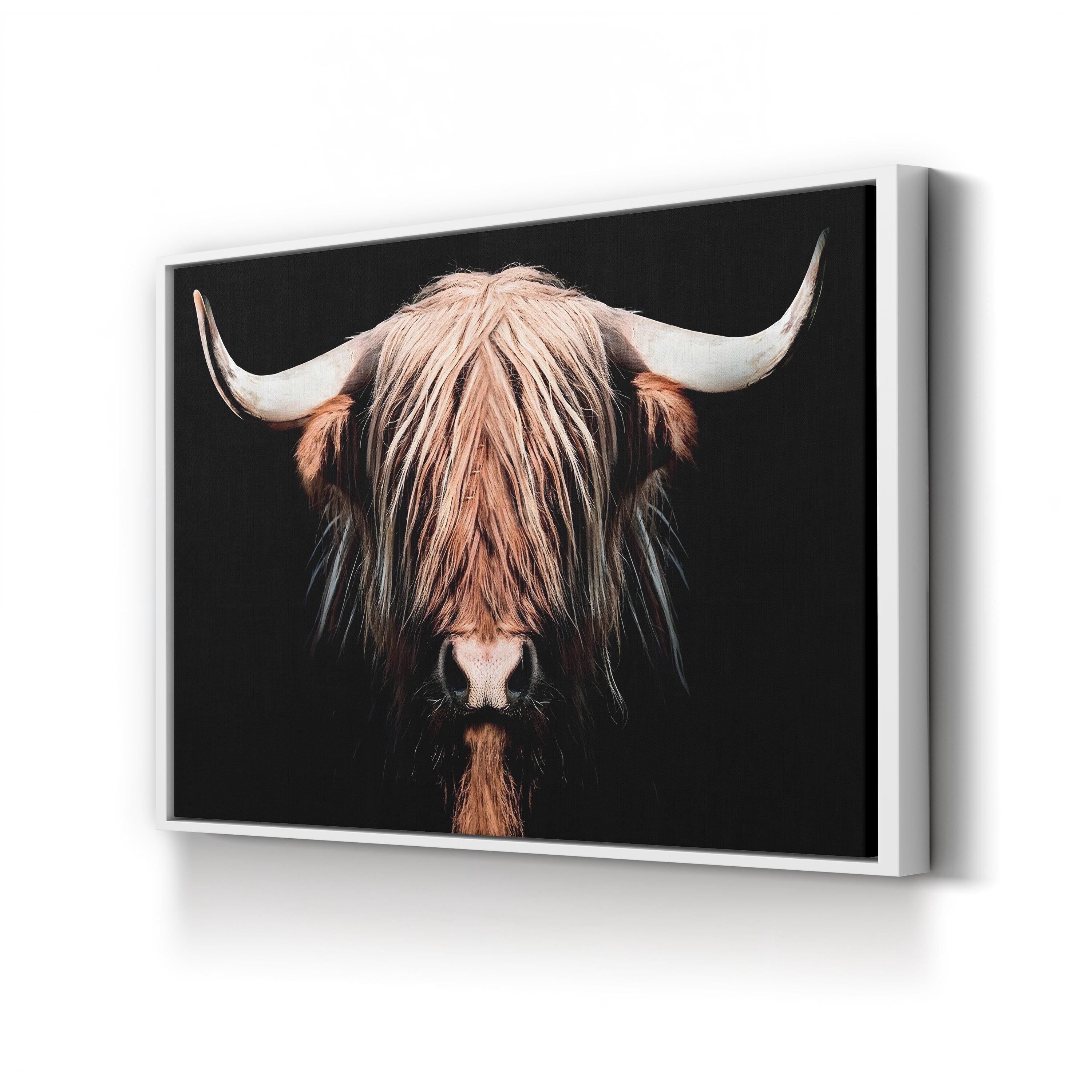 Dark Highland Cow Canvas Wall Art | Long Hair & Horns Rustic Farmhouse Animal Decor