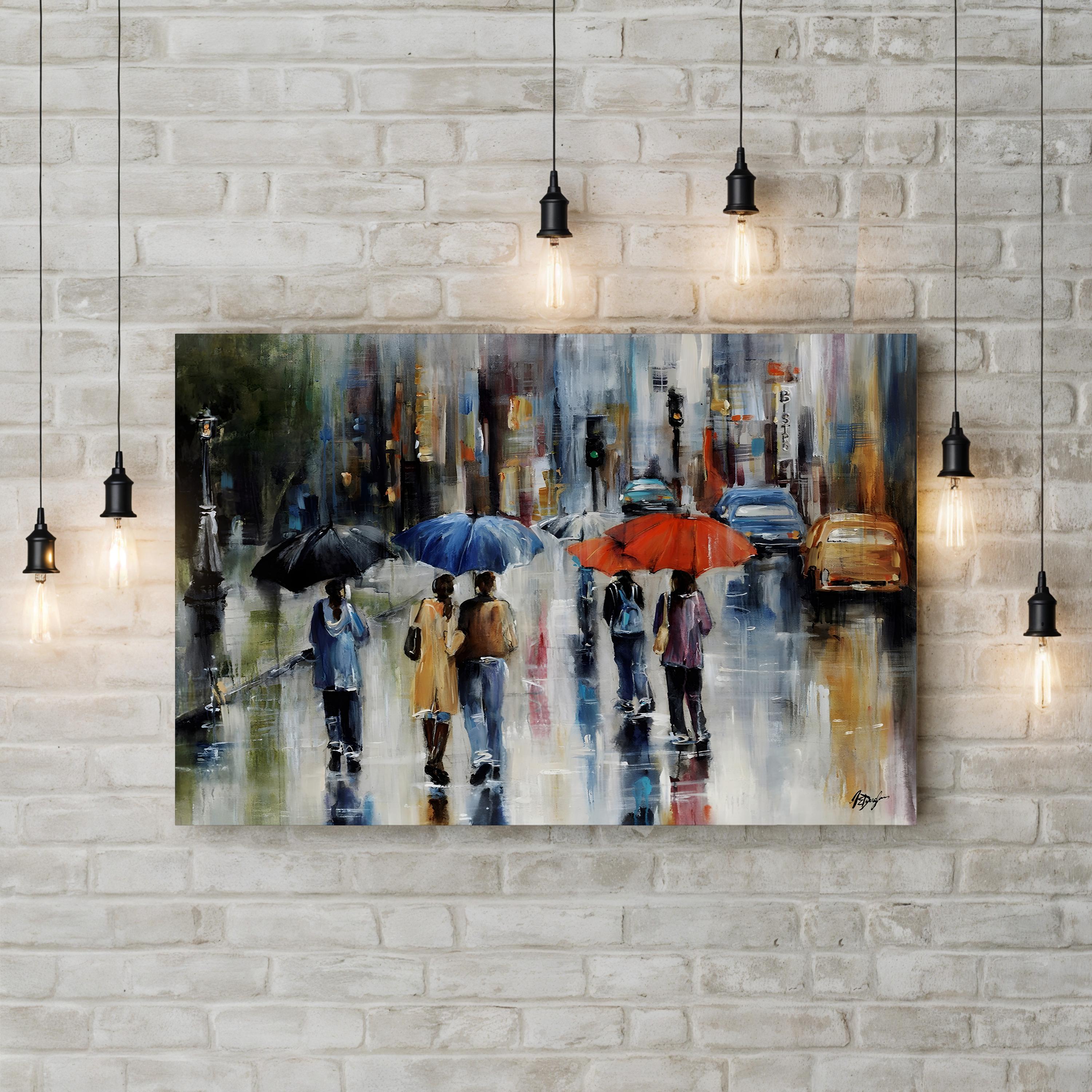 Downtown Downpour Wall Art – Contemporary Rainy Cityscape Artwork