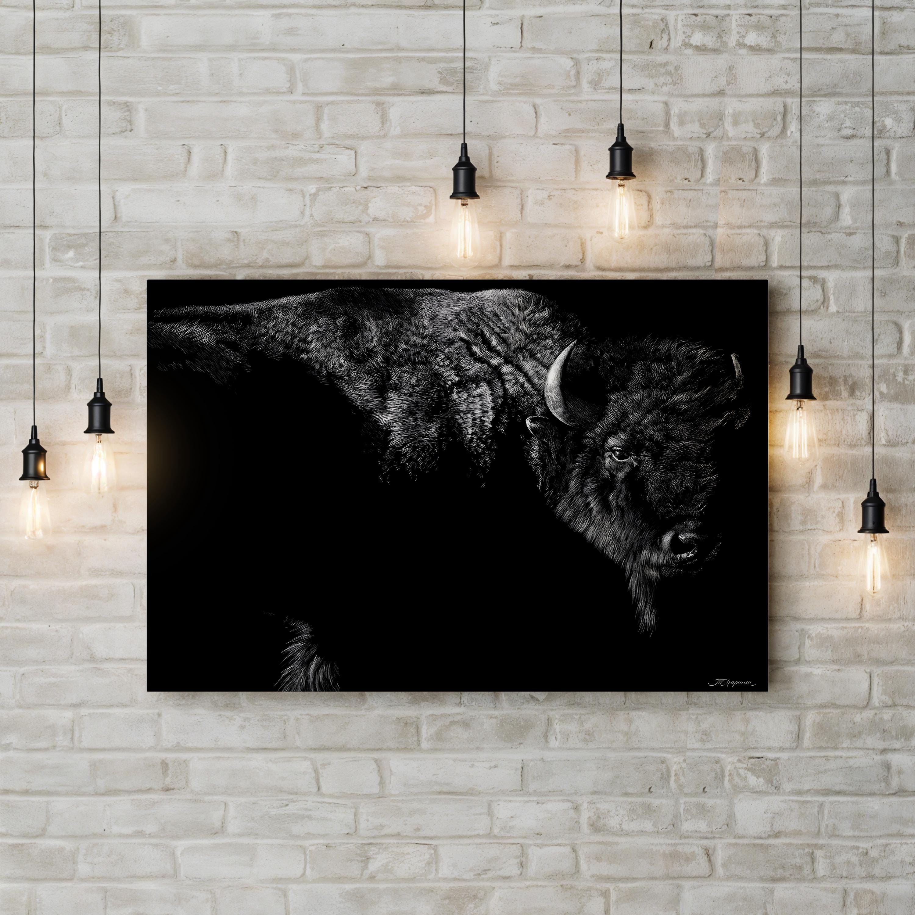 Enduring Wall Art by Julie Chapman | Black and White Bison Wildlife Canvas Print