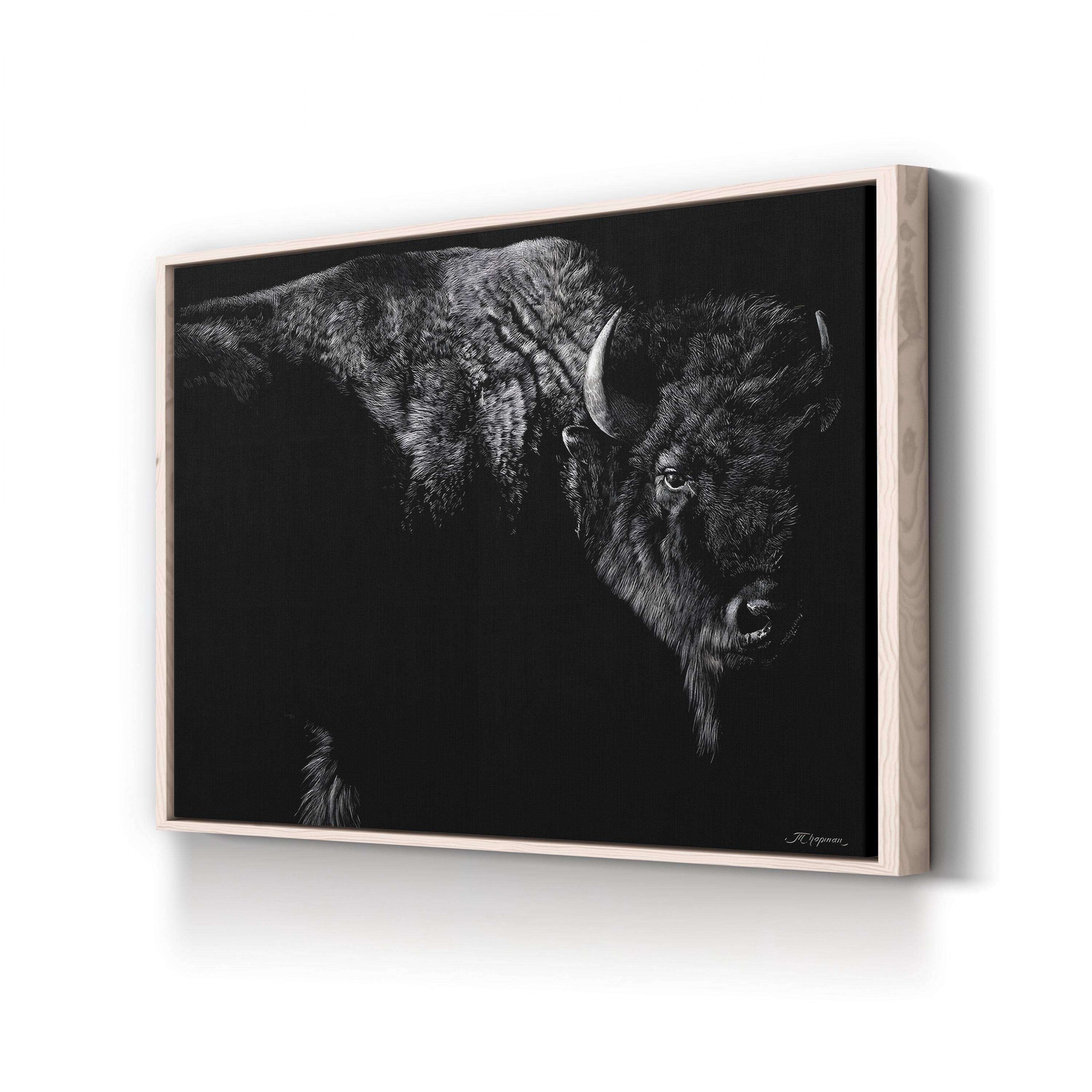 Enduring Wall Art by Julie Chapman | Black and White Bison Wildlife Canvas Print