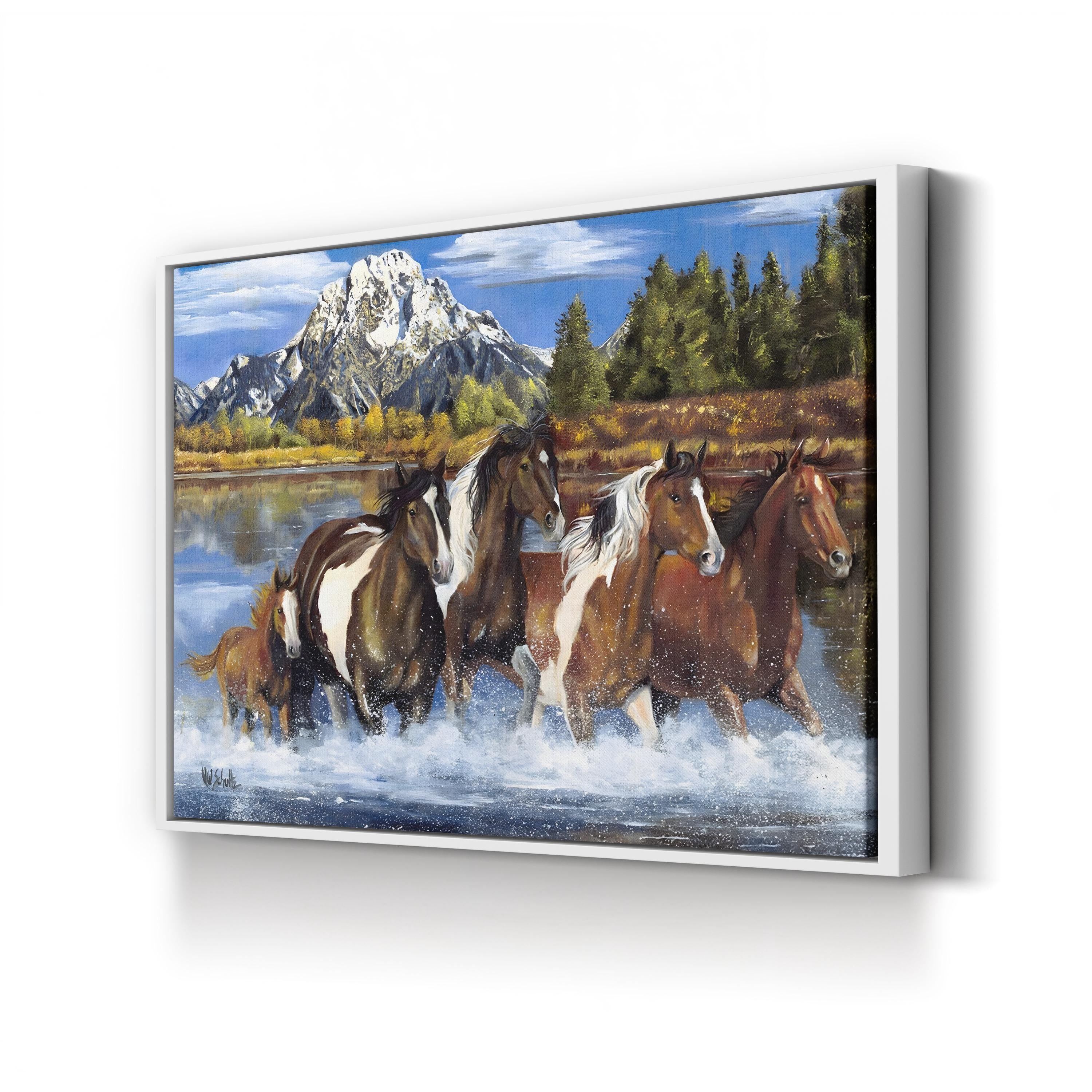 Western Horses Crossing the River – Period Illustration Wall Art | Rustic Cowboy Canvas Print