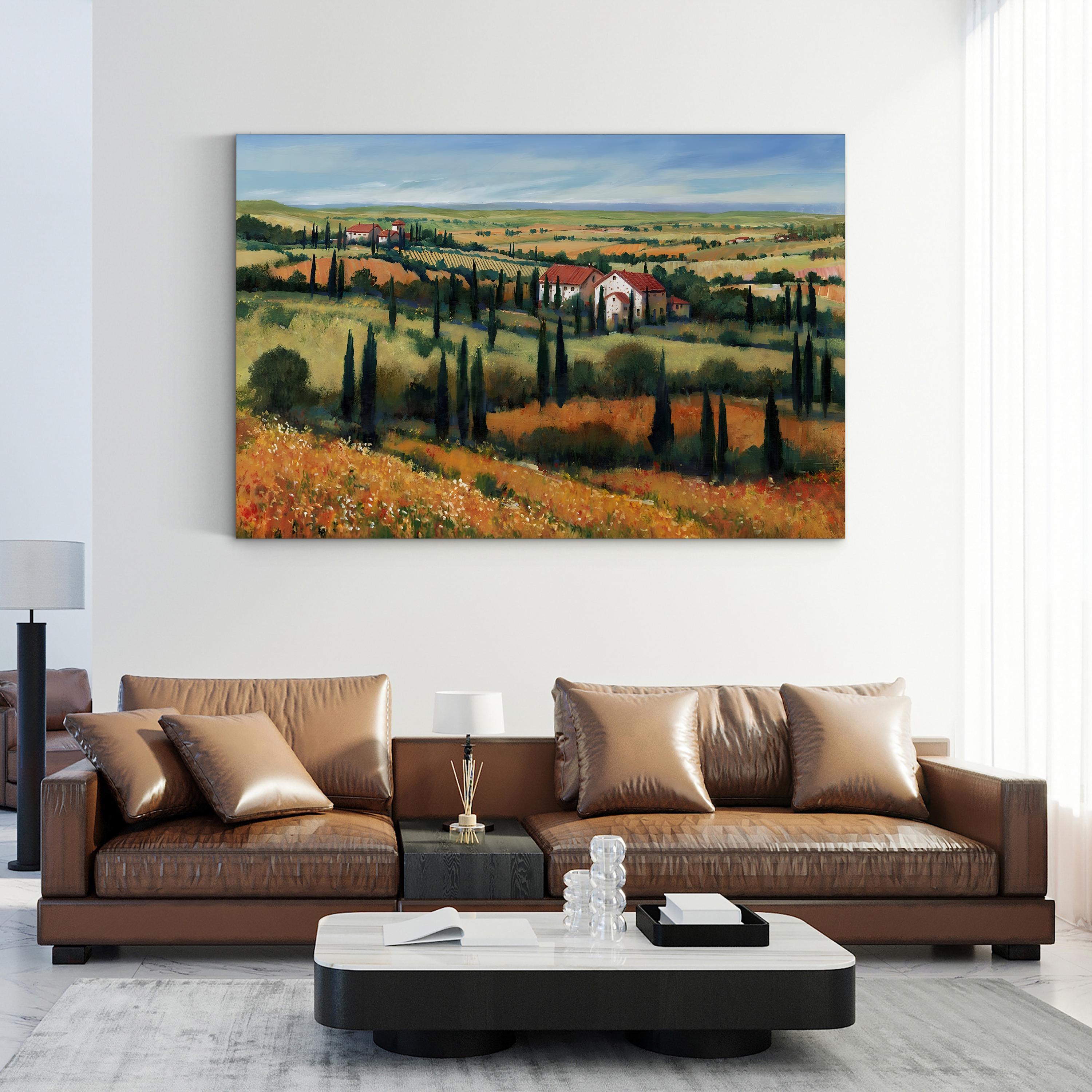 Tuscany Vineyard Canvas Art: Italy Landscape Painting, Farmhouse Wall Decor